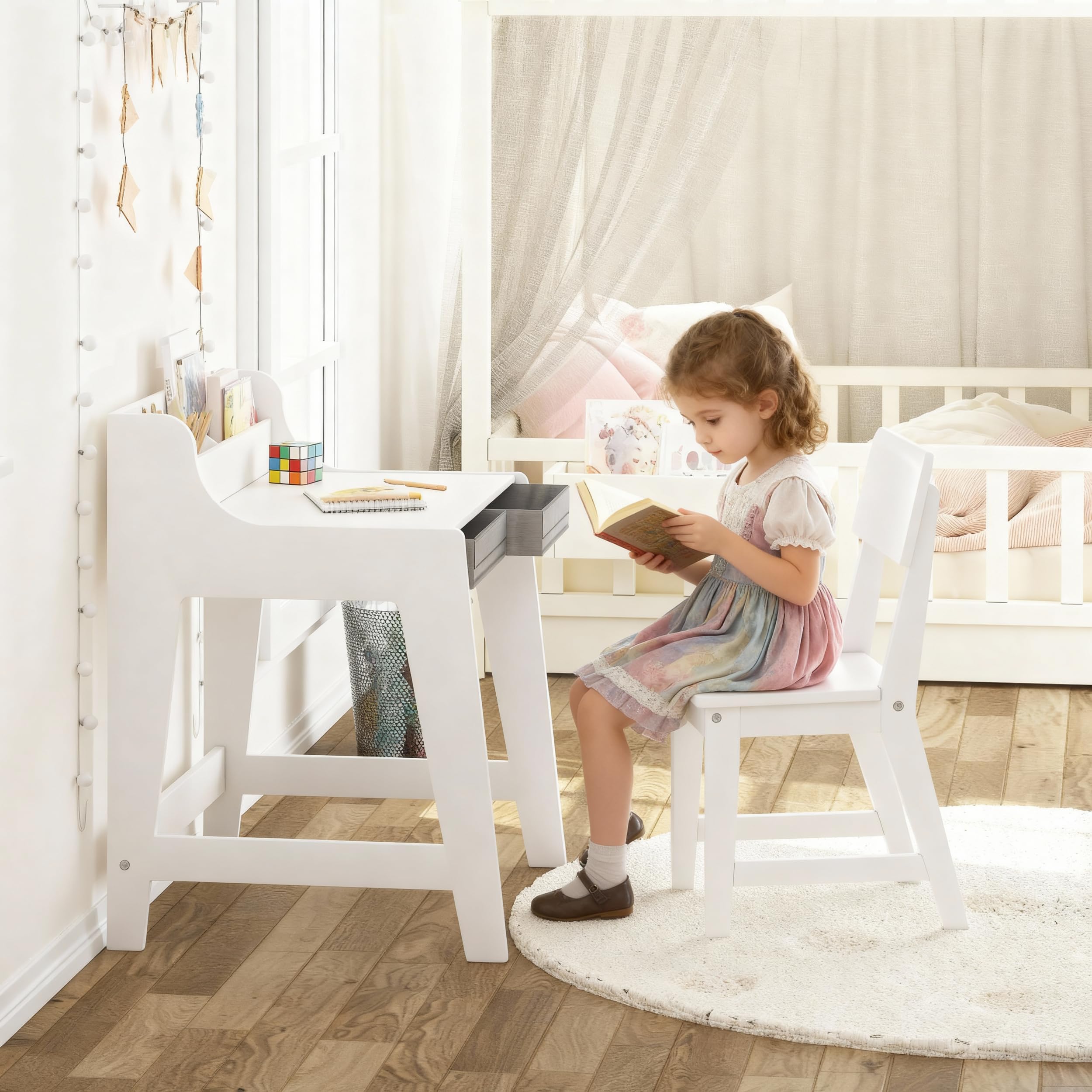 UTEX Kids Desk and Chair Set, Study Desk for Kids with Storage Bins, Wooden Children Study Table, Student Writing Desk for Bedroom & Study Room (2 Fabric Drawers) - Image 4