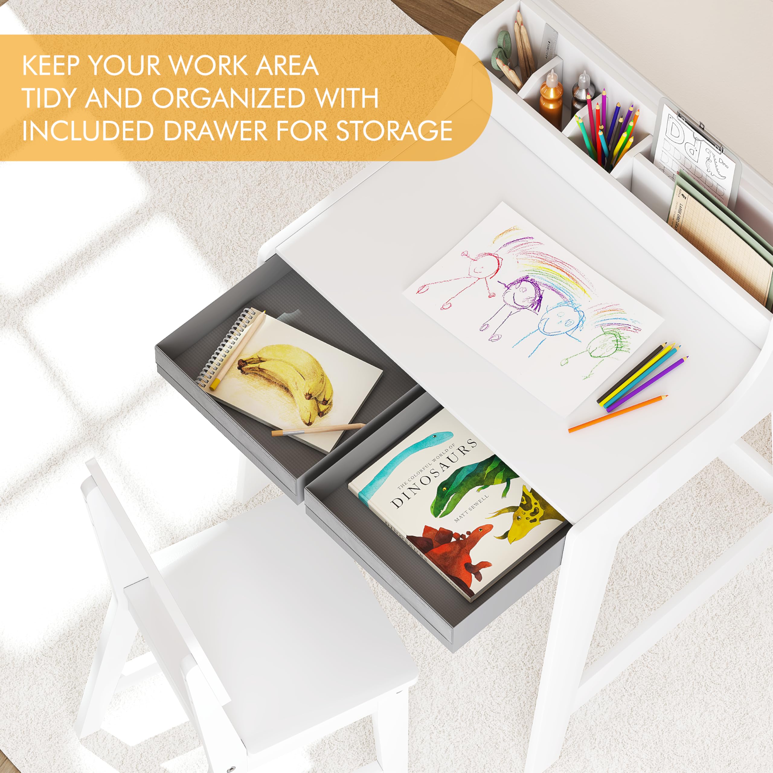 UTEX Kids Desk and Chair Set, Study Desk for Kids with Storage Bins, Wooden Children Study Table, Student Writing Desk for Bedroom & Study Room (2 Fabric Drawers) - Image 6