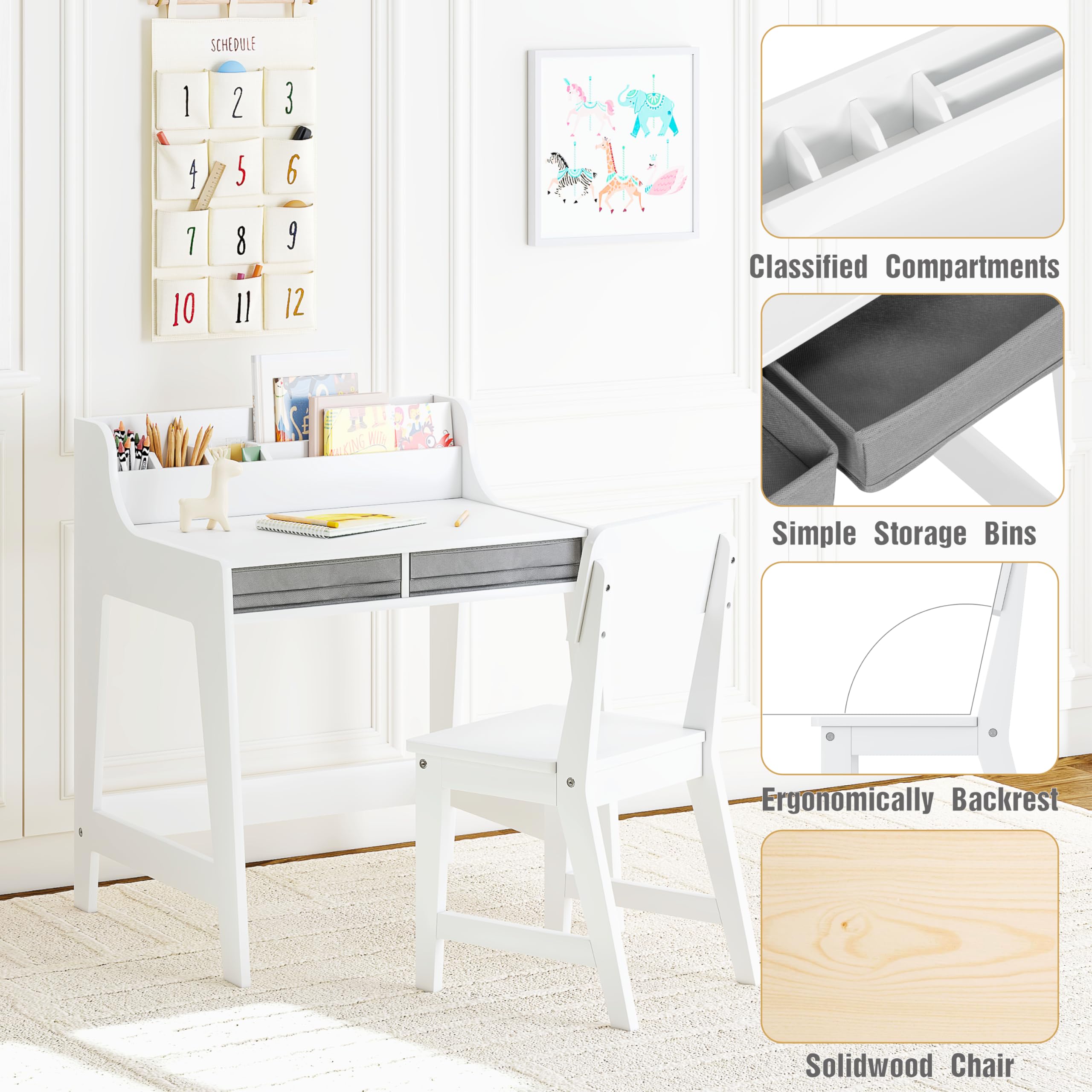 UTEX Kids Desk and Chair Set, Study Desk for Kids with Storage Bins, Wooden Children Study Table, Student Writing Desk for Bedroom & Study Room (2 Fabric Drawers) - Image 7