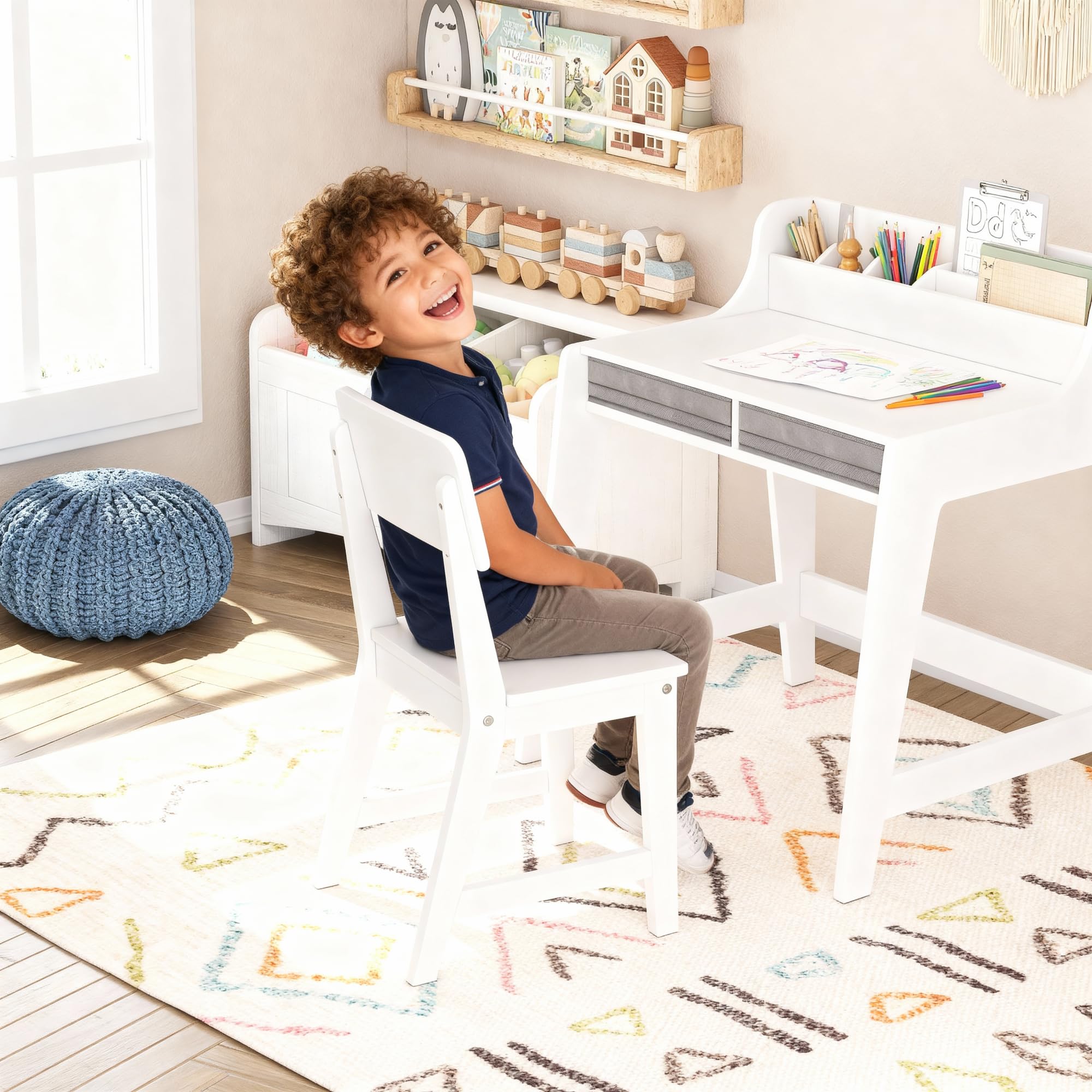 UTEX Kids Desk and Chair Set, Study Desk for Kids with Storage Bins, Wooden Children Study Table, Student Writing Desk for Bedroom & Study Room (2 Fabric Drawers) - Image 9