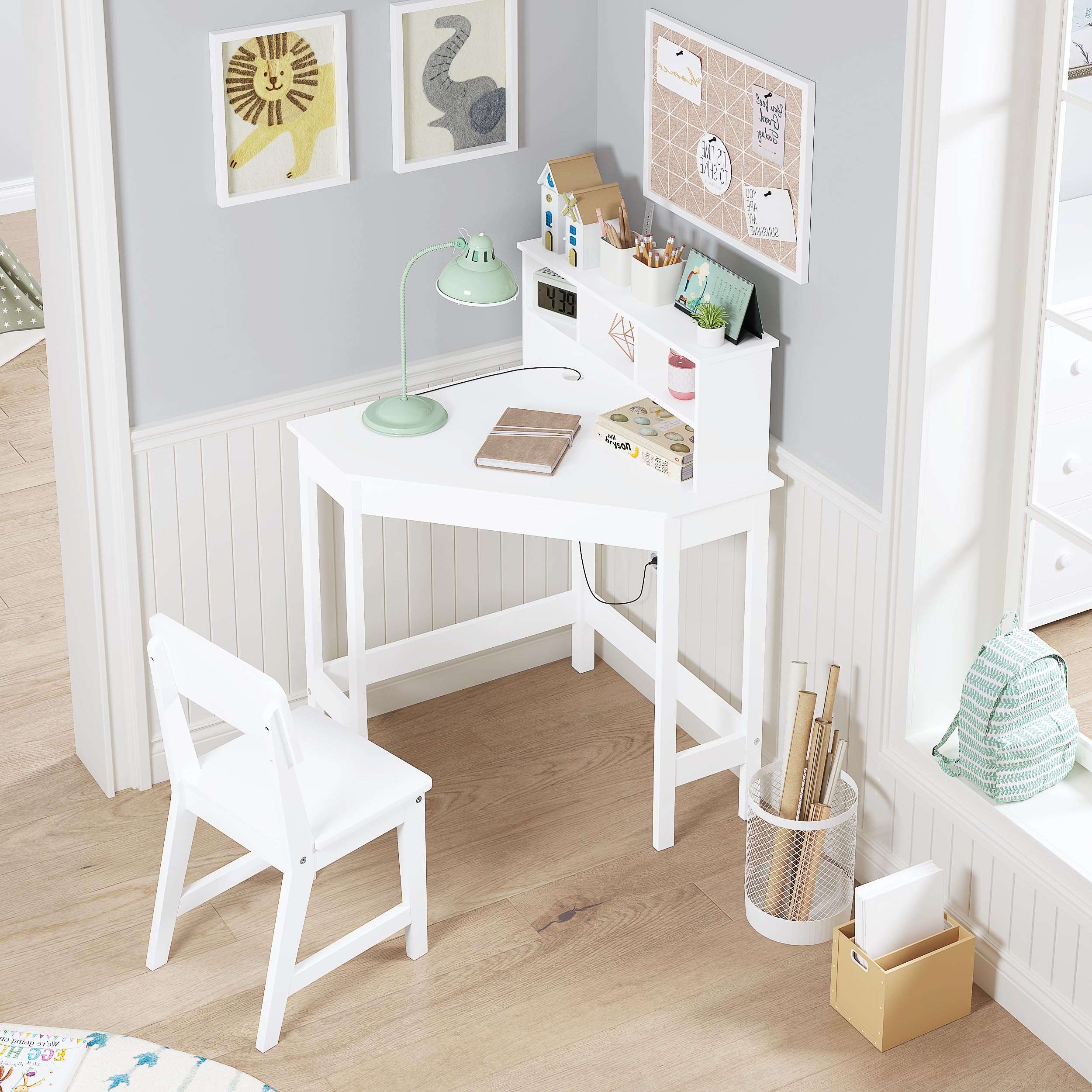 UTEX Kids Desk, Kids Corner Desk and Chair Set, Children Study Table with Storage and Hutch for Home School Use, White - Image 6