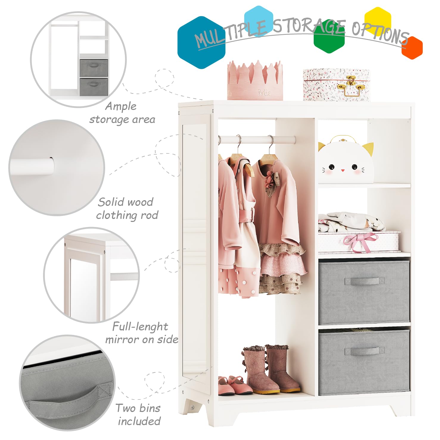 UTEX Kids Dress Up Storage with Full Length Mirror, Kids Armoire with 2 Storage Bins, Opening Hanging Costume Closet Wardrobe, Pretend Storage Closet Armoire Dresser - Image 3