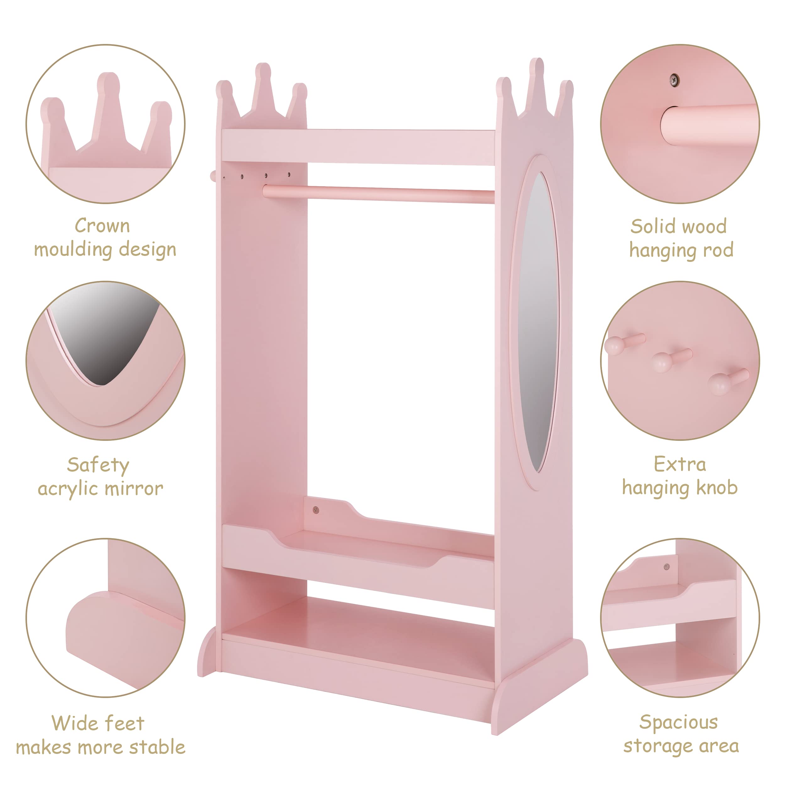 UTEX Kids Dress up Storage with Mirror,Costume Wardrobe for Kids, Open Hanging Armoire Closet,Pretend Storage Closet, Costume Storage Dresser (Pink) - Image 5