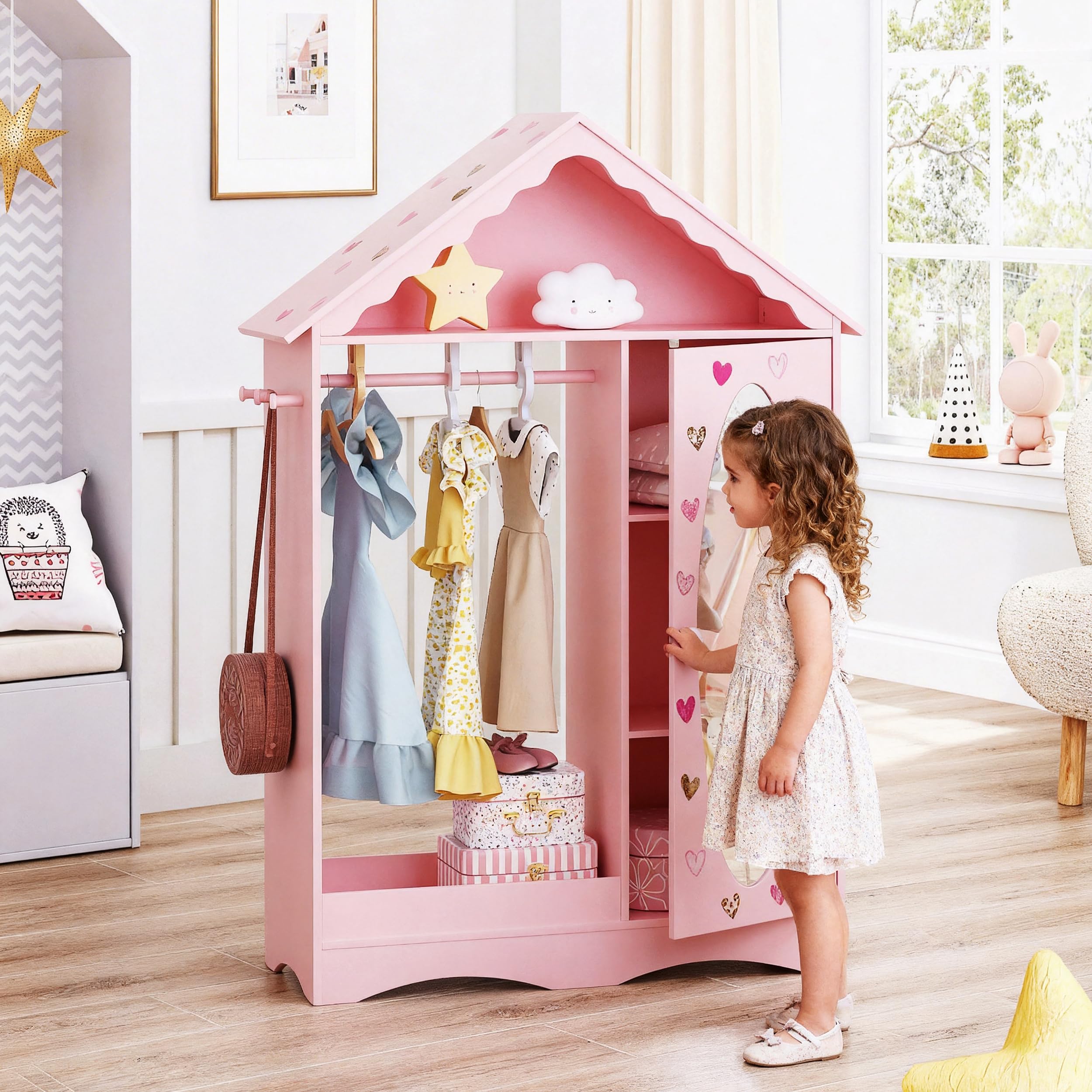 UTEX Kids Dress Up Storage with Mirror, Kids Wardrobe Closet, Dress Up Armoire for Little Girls, Open Hanging Costume Organizer with Storage Cabinet for Kids Room, Playroom | with Mirror, for Little Girls, Open Hanging, Costume Organizer, with Storage Cabinet - Image 4