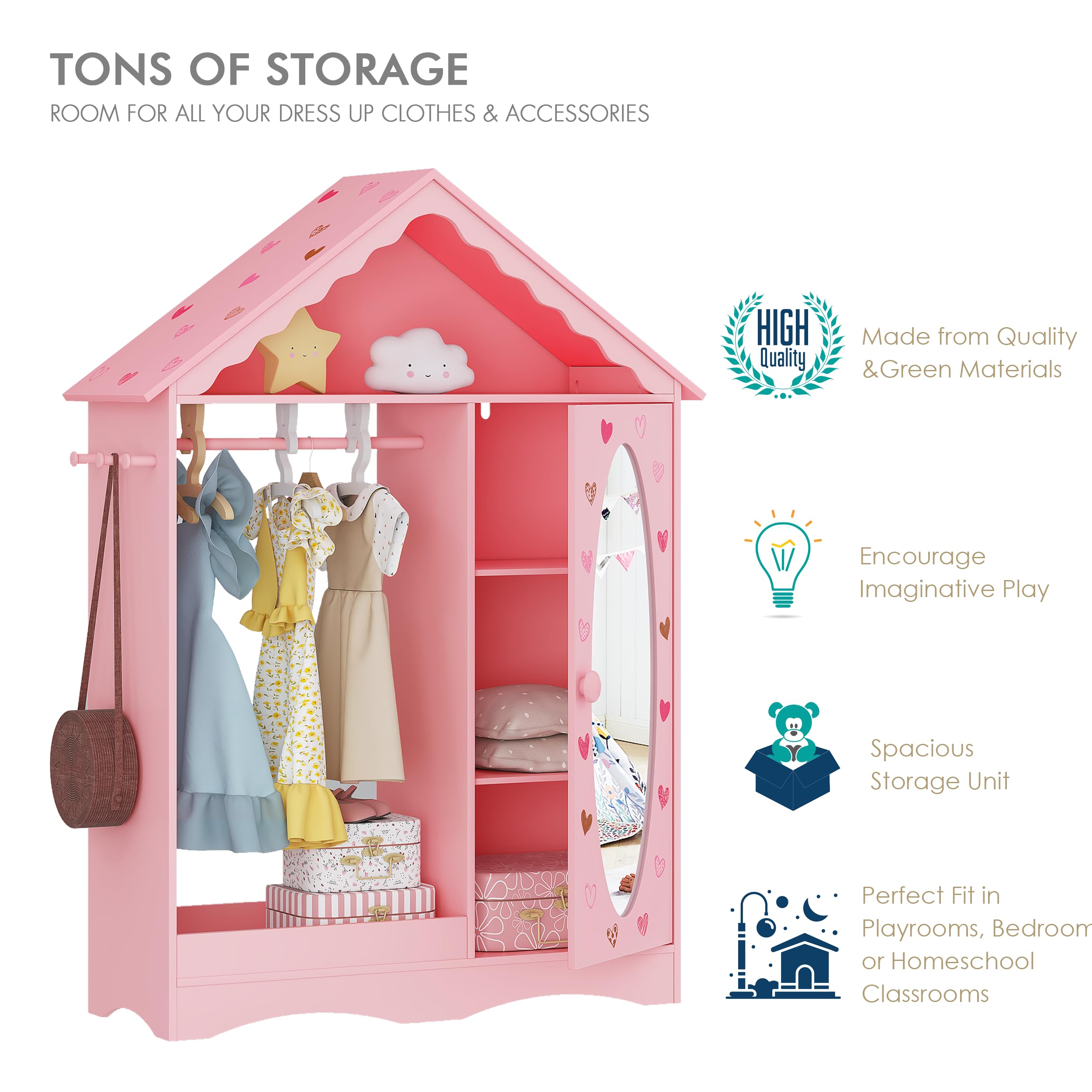 UTEX Kids Dress Up Storage with Mirror, Kids Wardrobe Closet, Dress Up Armoire for Little Girls, Open Hanging Costume Organizer with Storage Cabinet for Kids Room, Playroom | with Mirror, for Little Girls, Open Hanging, Costume Organizer, with Storage Cabinet - Image 6