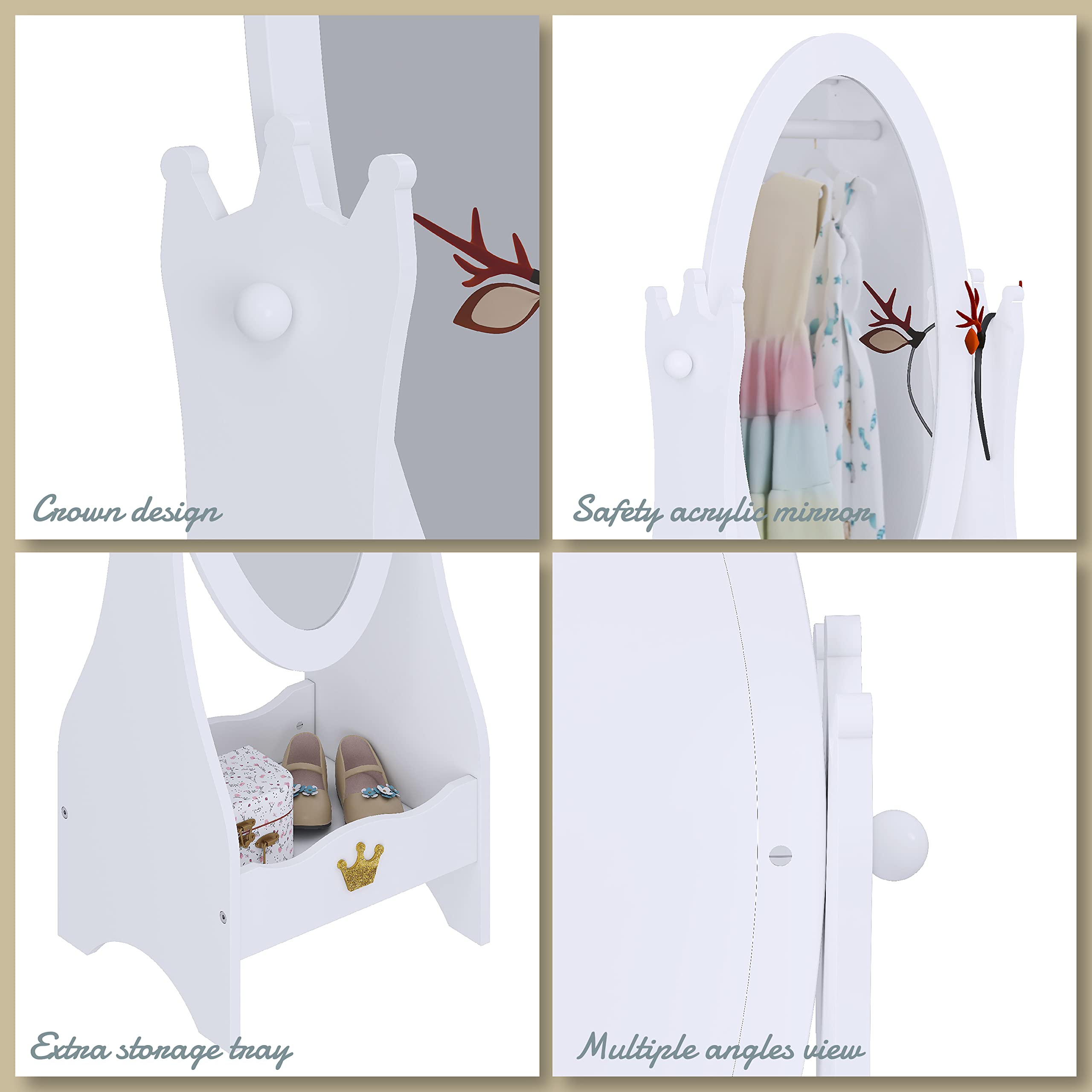 UTEX Kids Full Length Mirror, Kids Free-Standing Dressing Mirror with Adjustable Viewed, Wooden Mirror with Storage for 3-7 Years Old, White - Image 4