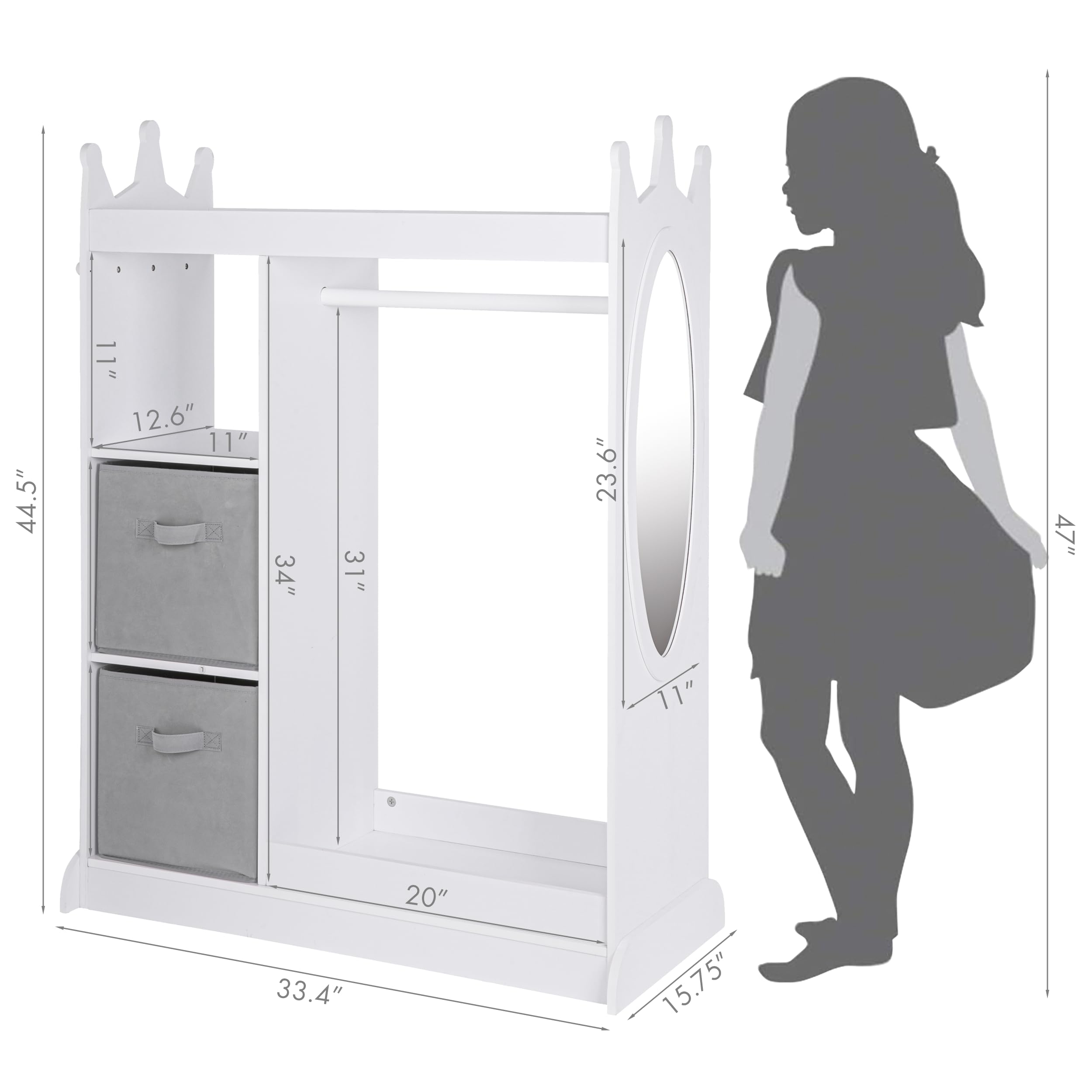 UTEX Kids Play Armoire with Mirror, Storage Bins and Closet for Dress Up and Costumes (White) - Image 3