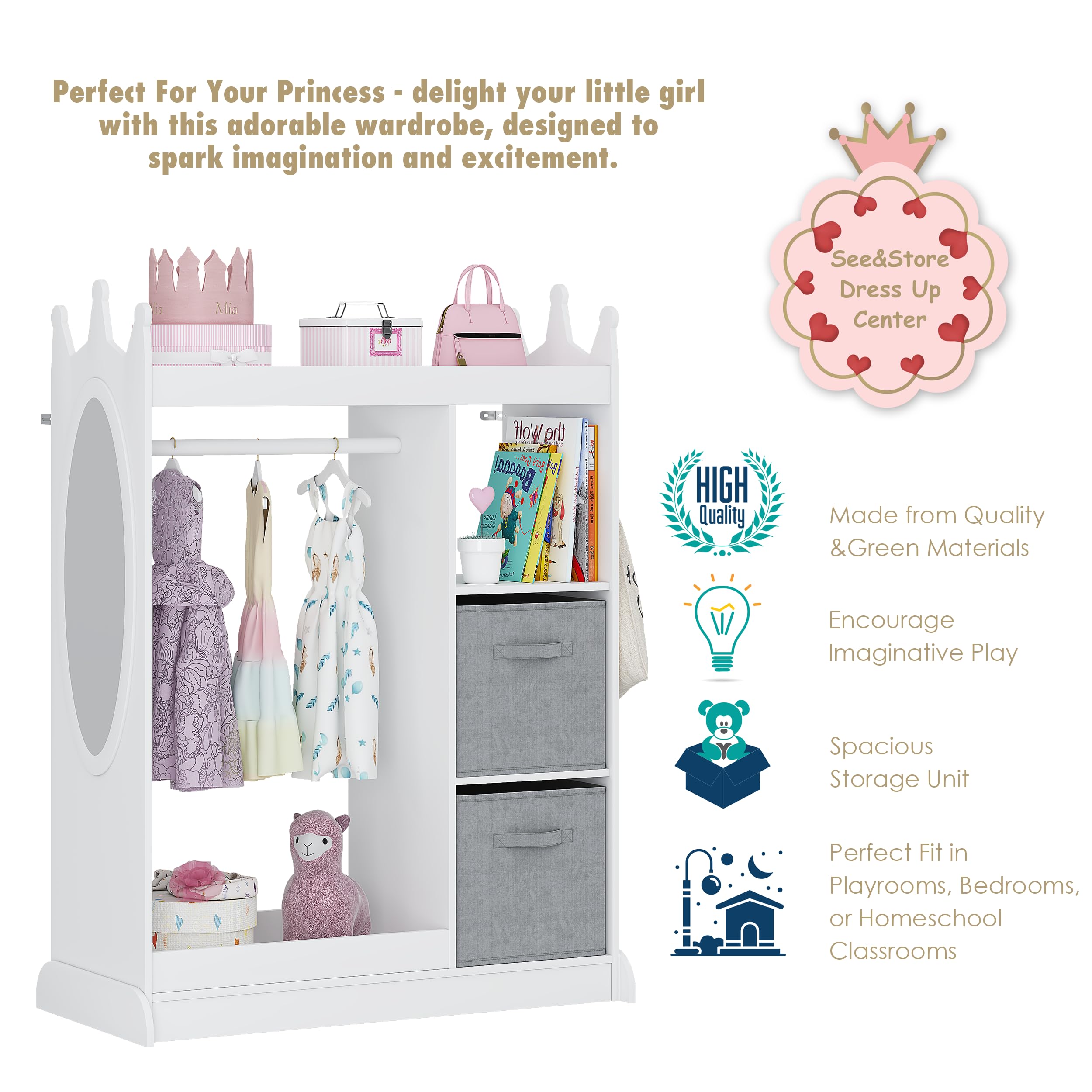 UTEX Kids Play Armoire with Mirror, Storage Bins and Closet for Dress Up and Costumes (White) - Image 5