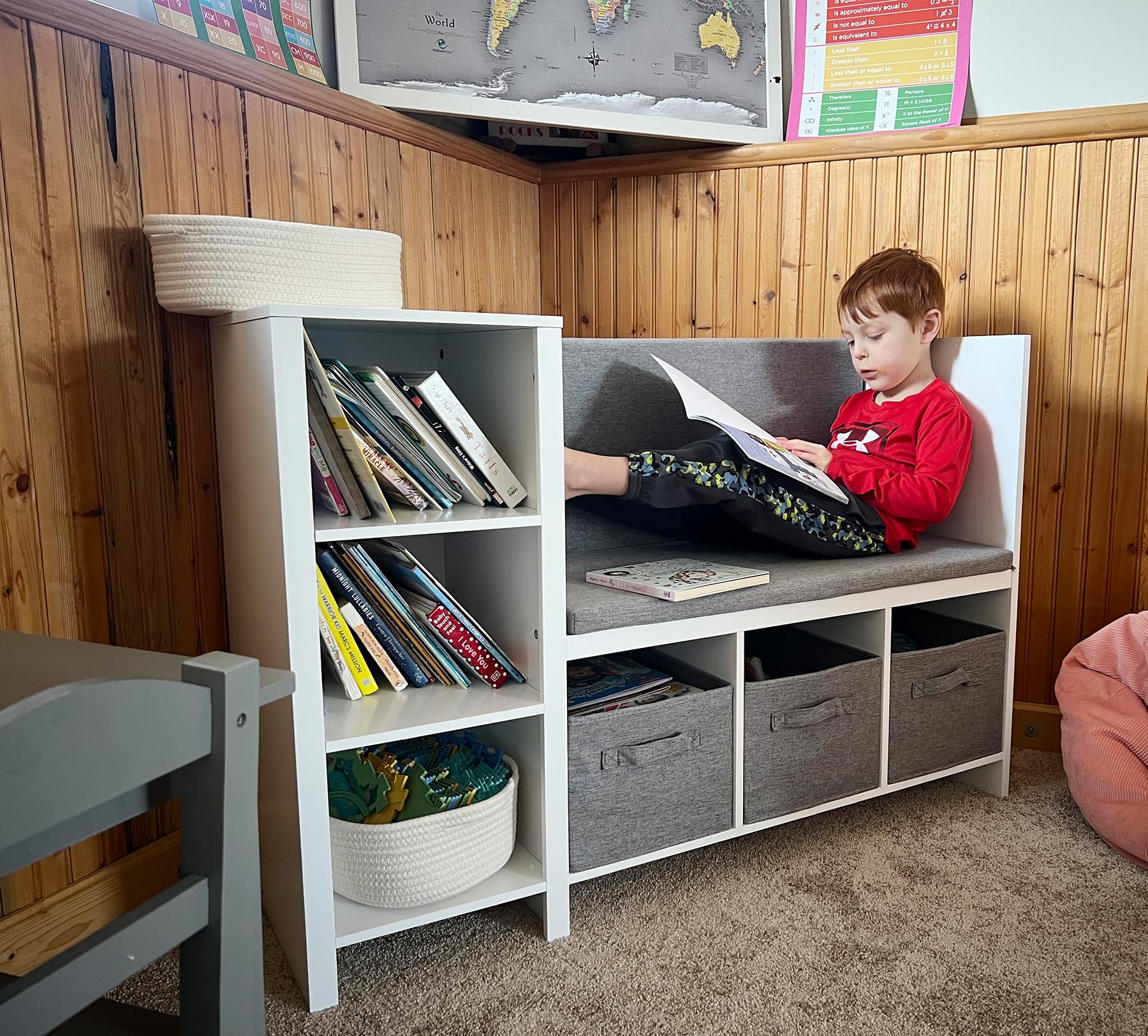 UTEX Kids Reading Nook Bench with Bookshelf, Kids Bookcase and Storage Organizer with Seat Cushion, Reading Bench with Bins for Bedroom & Entryway, White - Image 4