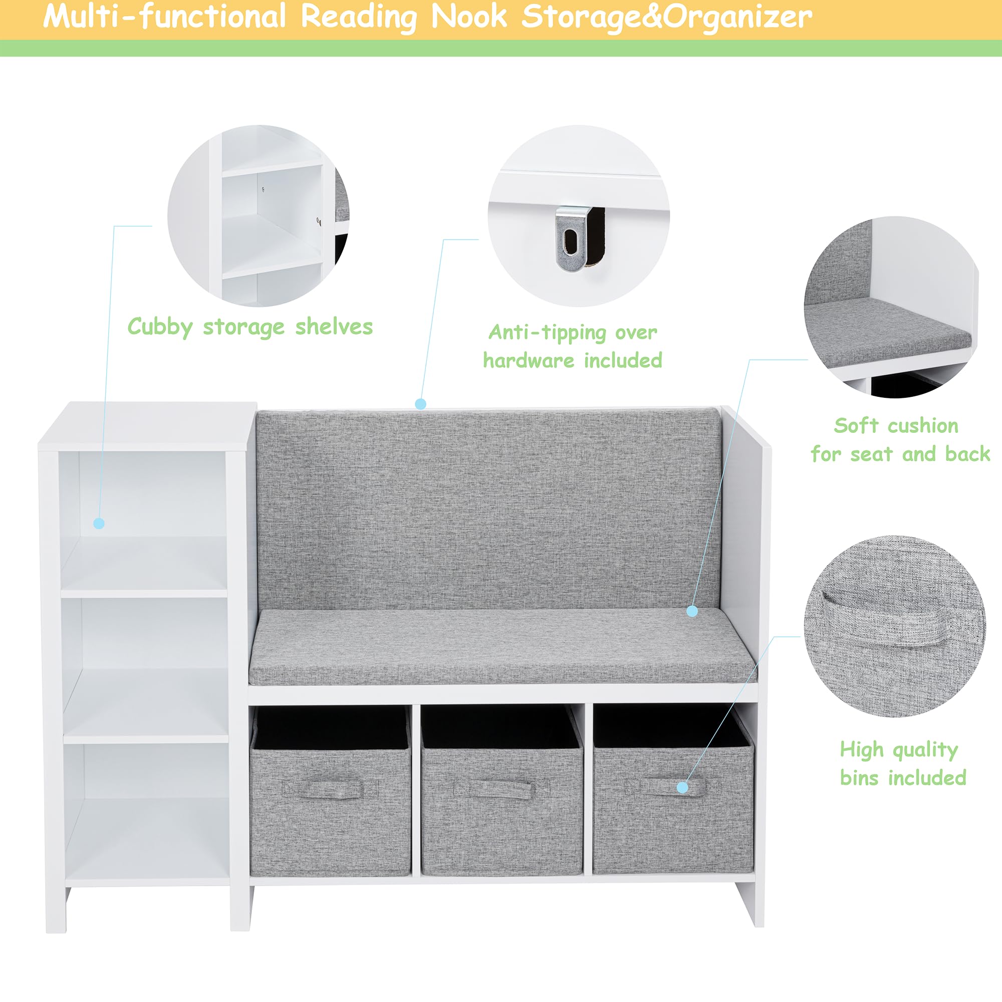 UTEX Kids Reading Nook Bench with Bookshelf, Kids Bookcase and Storage Organizer with Seat Cushion, Reading Bench with Bins for Bedroom & Entryway, White - Image 6