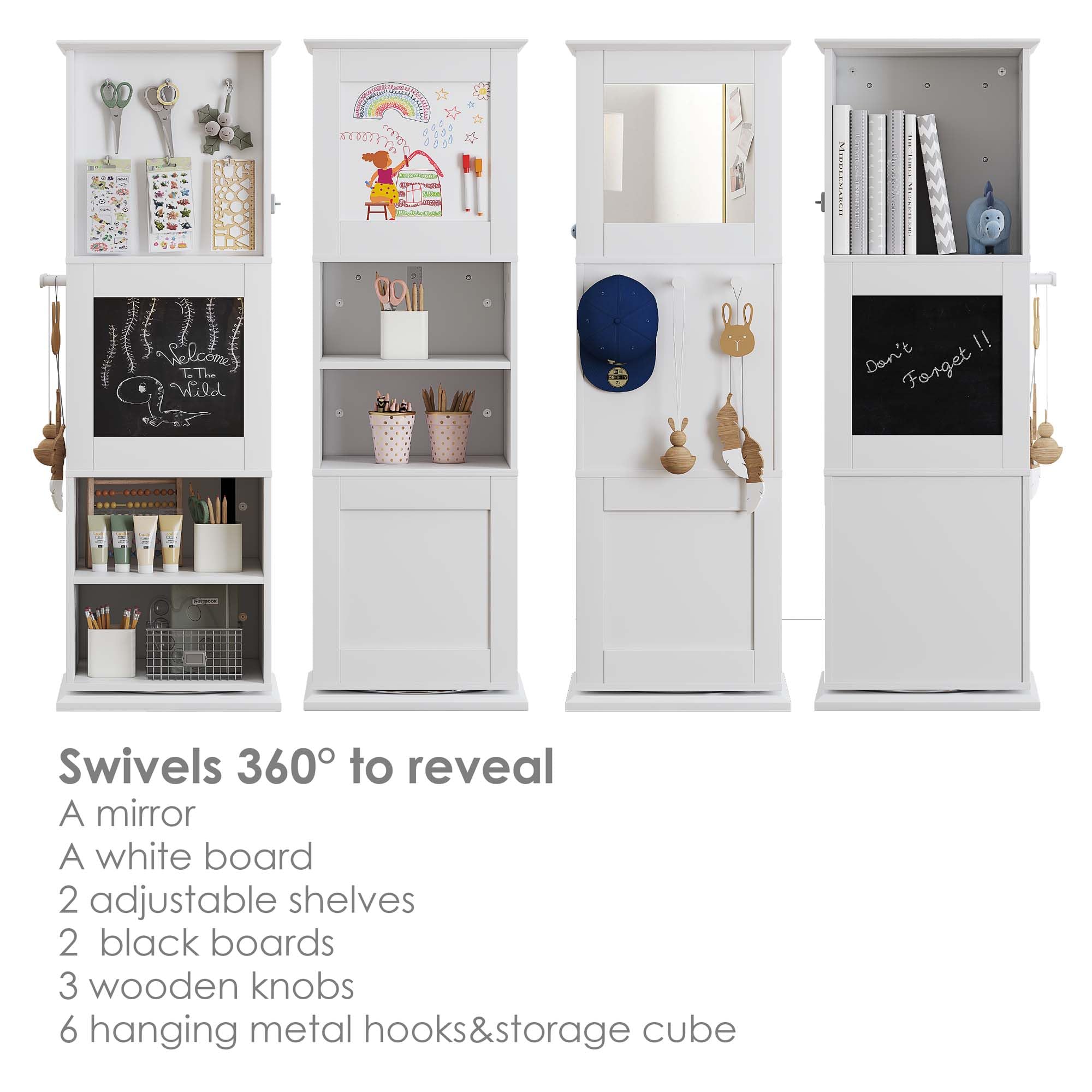 UTEX Kids Rotating Bookshelf Tower, Revolving Bookcase with Blackboards and Hooks, Toy Storage Organizer for Kids Room, Nursery, Bedroom, Living Room, White - Image 4