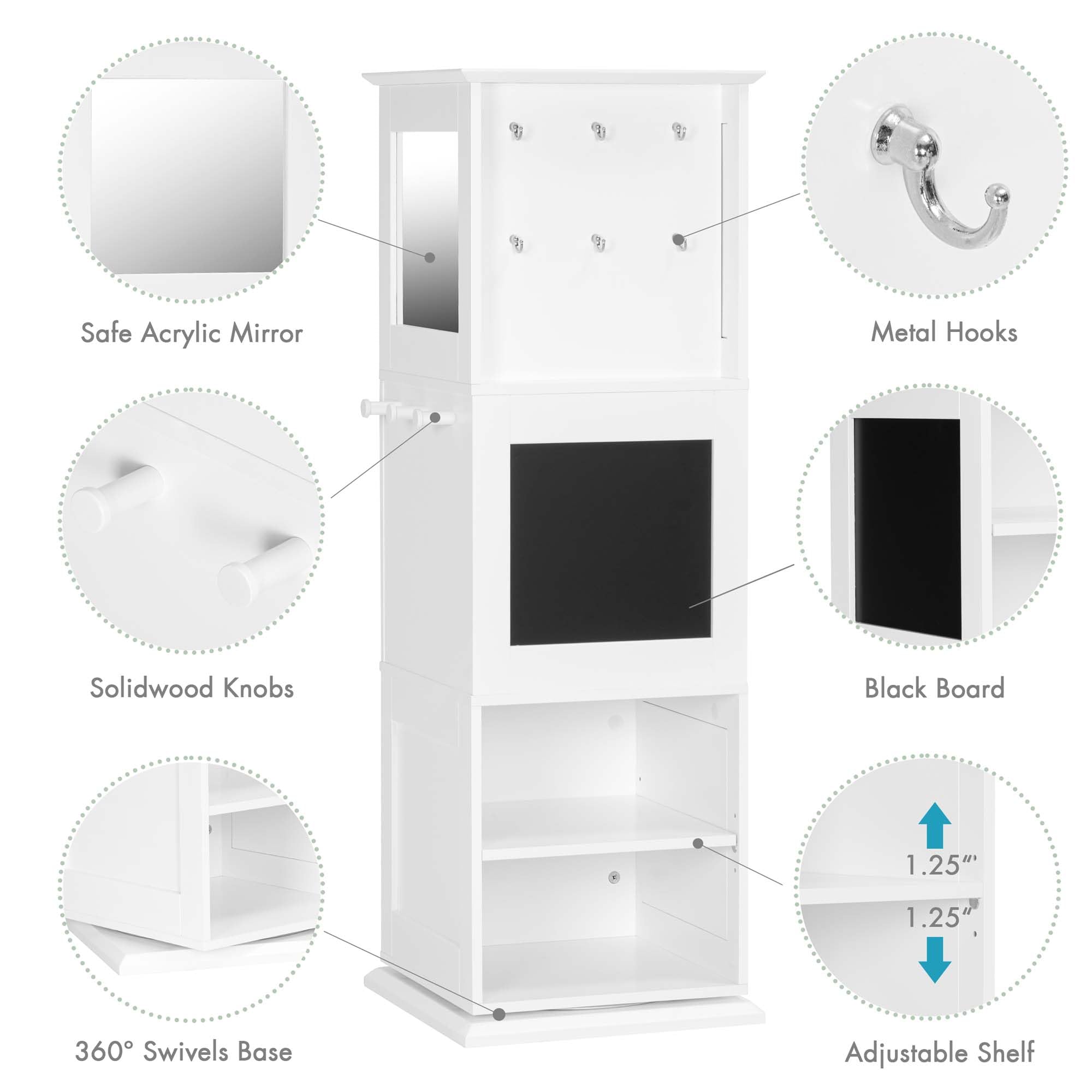 UTEX Kids Rotating Bookshelf Tower, Revolving Bookcase with Blackboards and Hooks, Toy Storage Organizer for Kids Room, Nursery, Bedroom, Living Room, White - Image 5