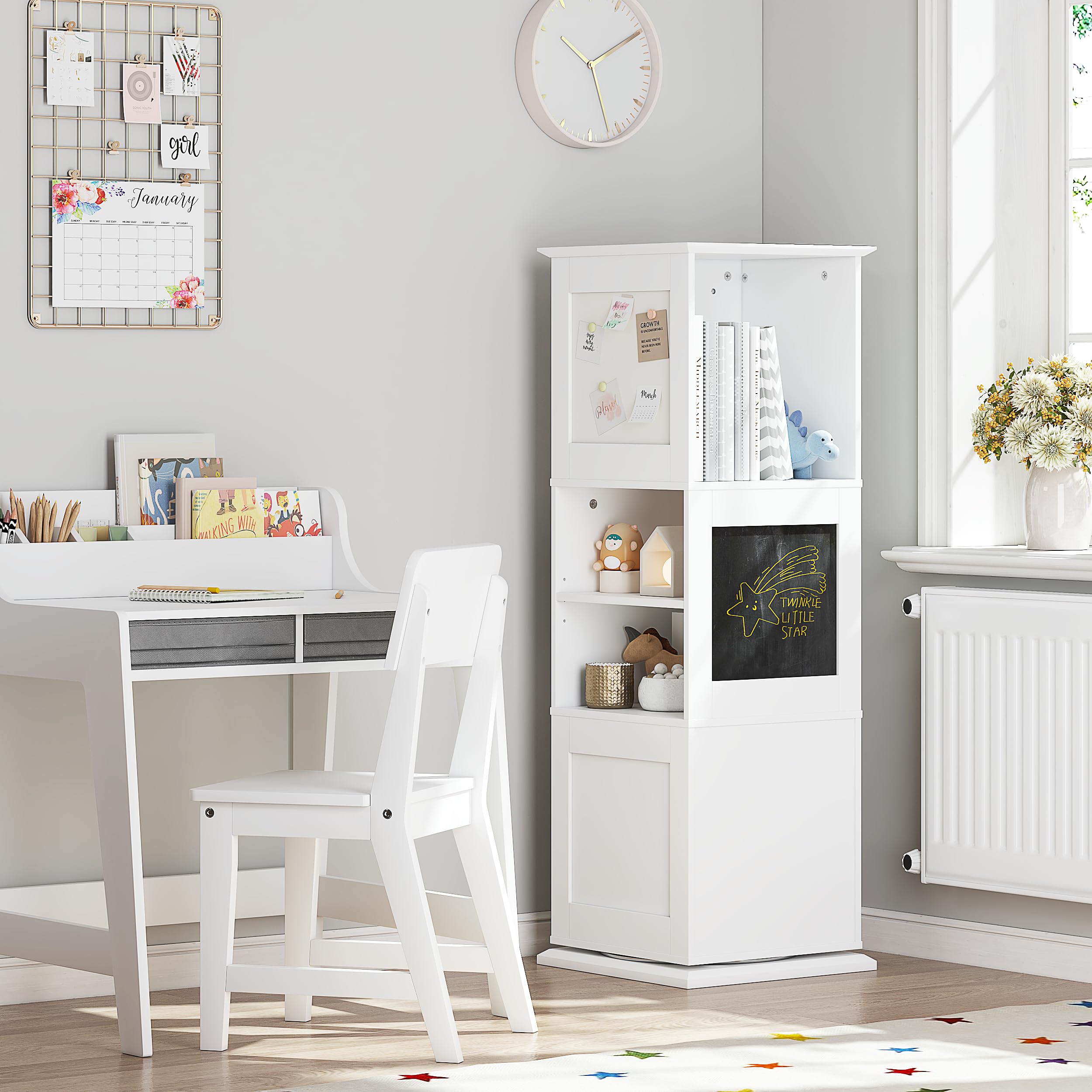 UTEX Kids Rotating Bookshelf Tower, Revolving Bookcase with Blackboards and Hooks, Toy Storage Organizer for Kids Room, Nursery, Bedroom, Living Room, White - Image 6