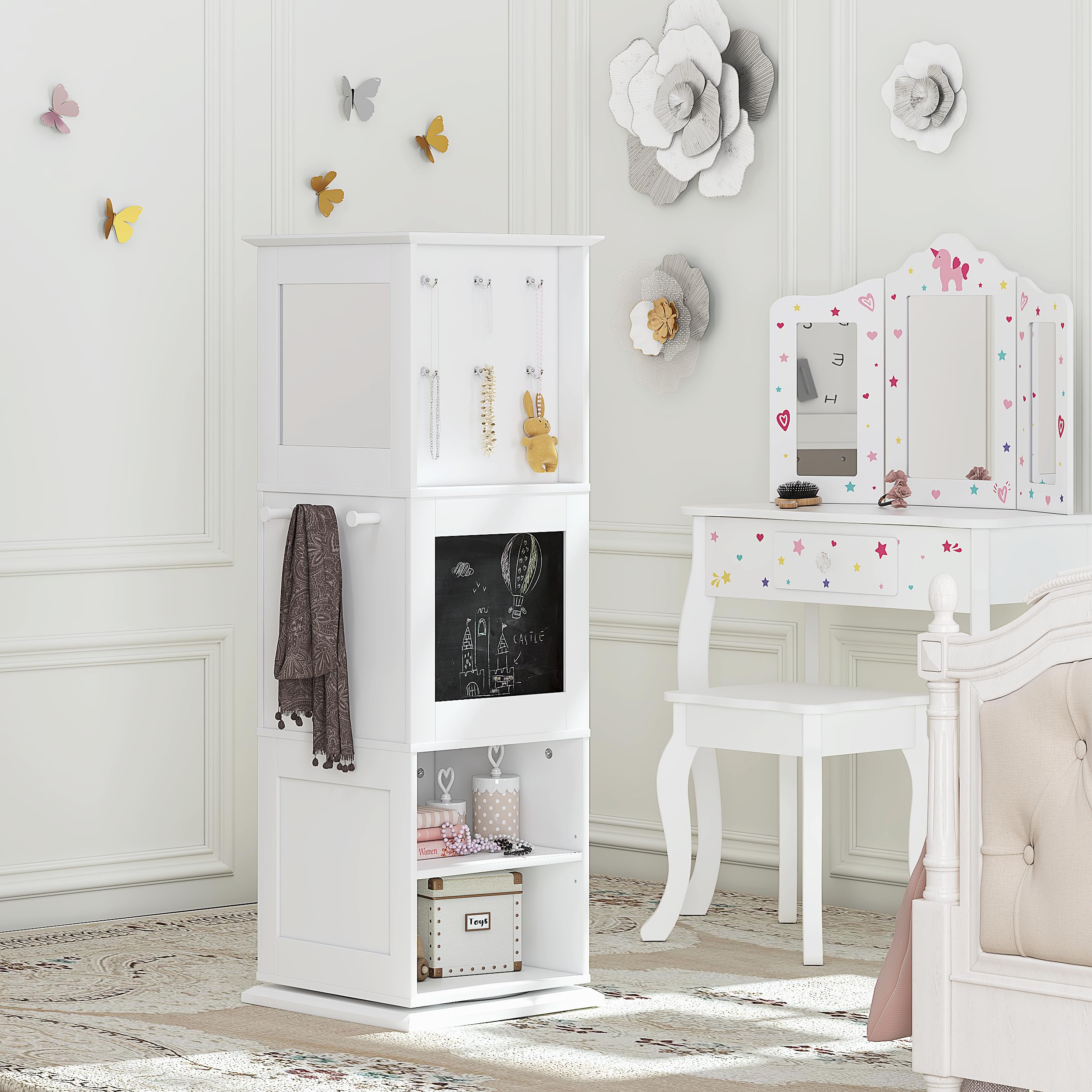 UTEX Kids Rotating Bookshelf Tower, Revolving Bookcase with Blackboards and Hooks, Toy Storage Organizer for Kids Room, Nursery, Bedroom, Living Room, White - Image 7