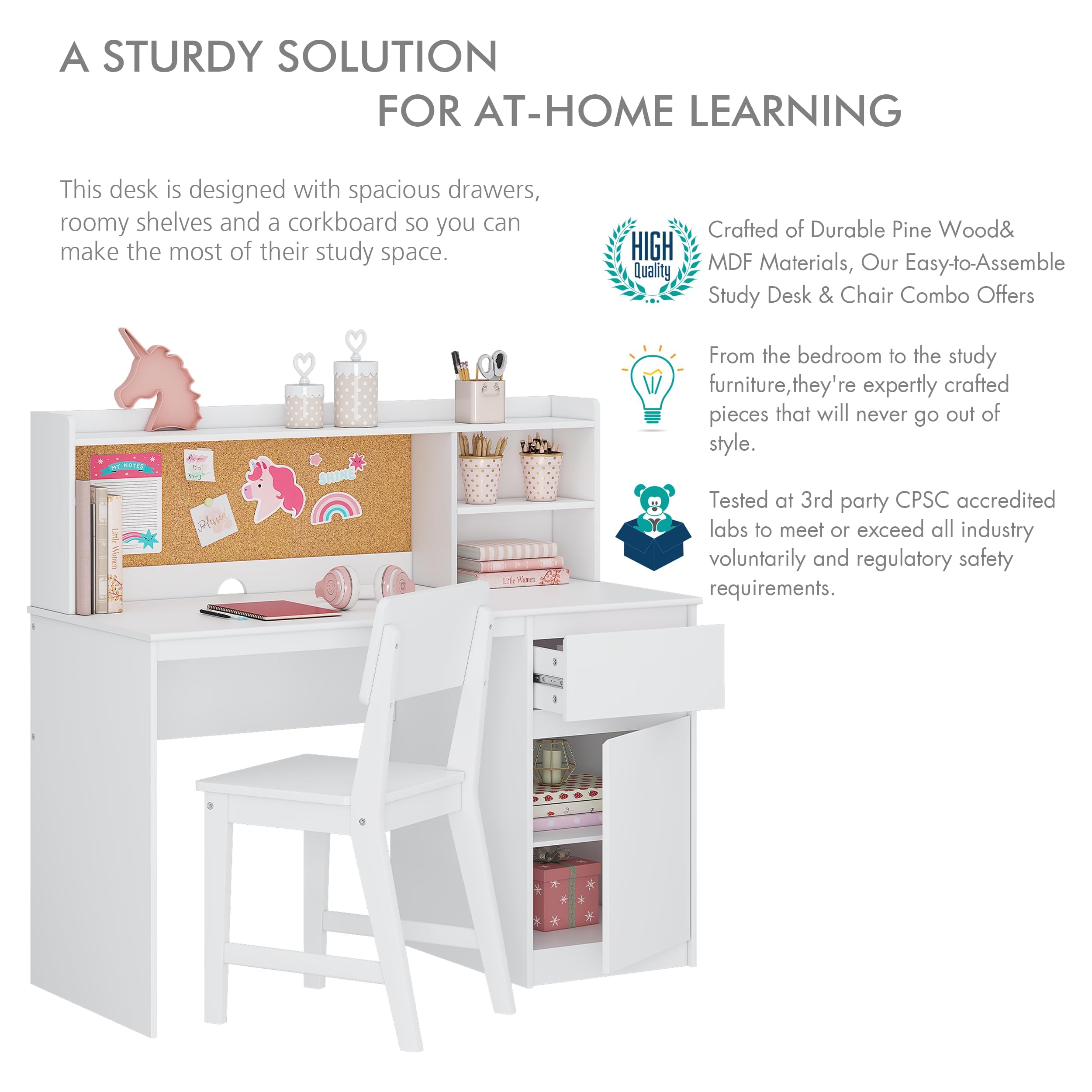 UTEX Kids Study Desk with Chair, Kids Desk and Chair Sets with Hutch for 5-12, Wooden Children Study Table, Student Writing Table Computer Workstation - Image 6