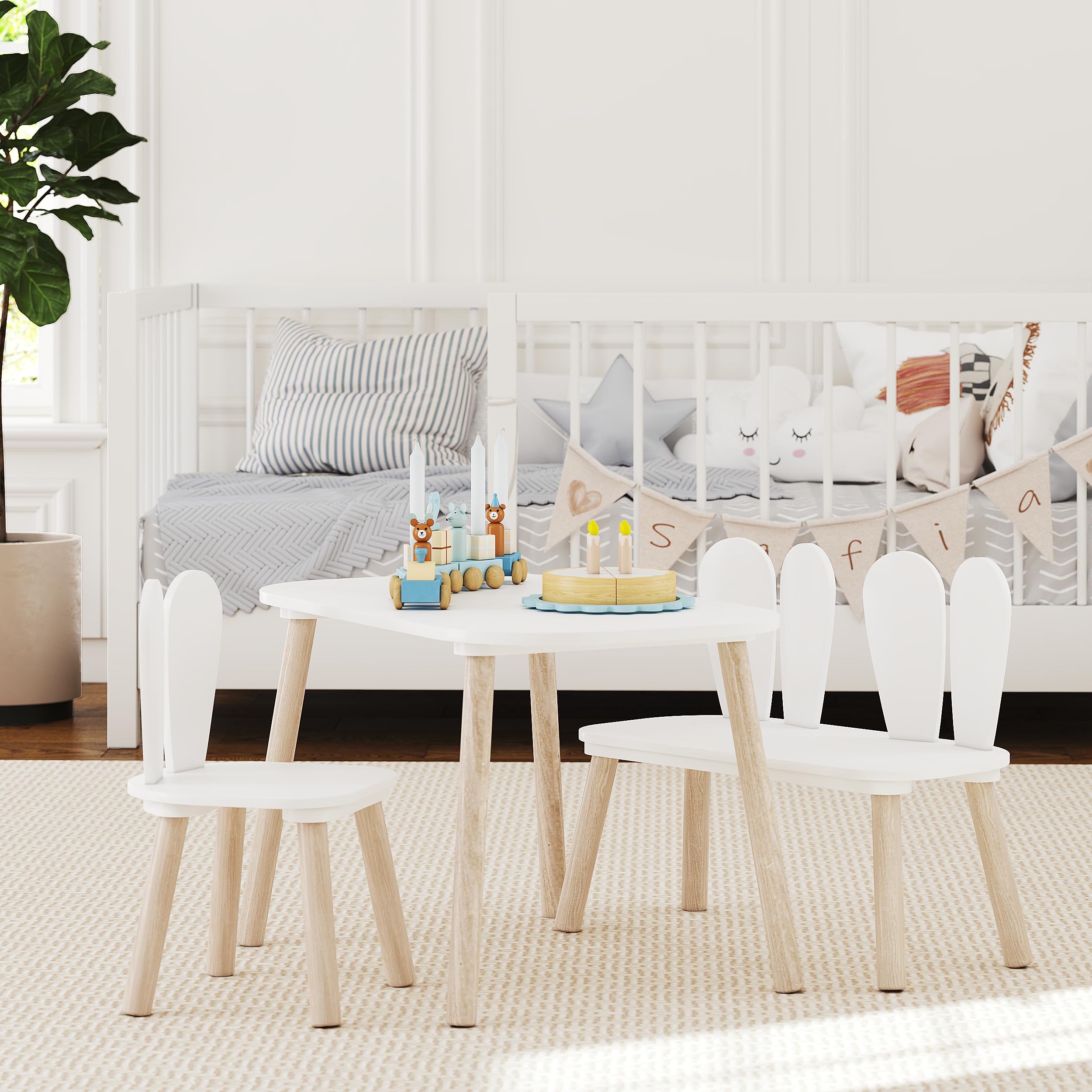 UTEX Kids Table and Chair Set, Toddler Table with Bunny Chair and Bench, 3 Pieces Wooden Children Table for Kids Room, Classroom, Nursery, White - Image 4