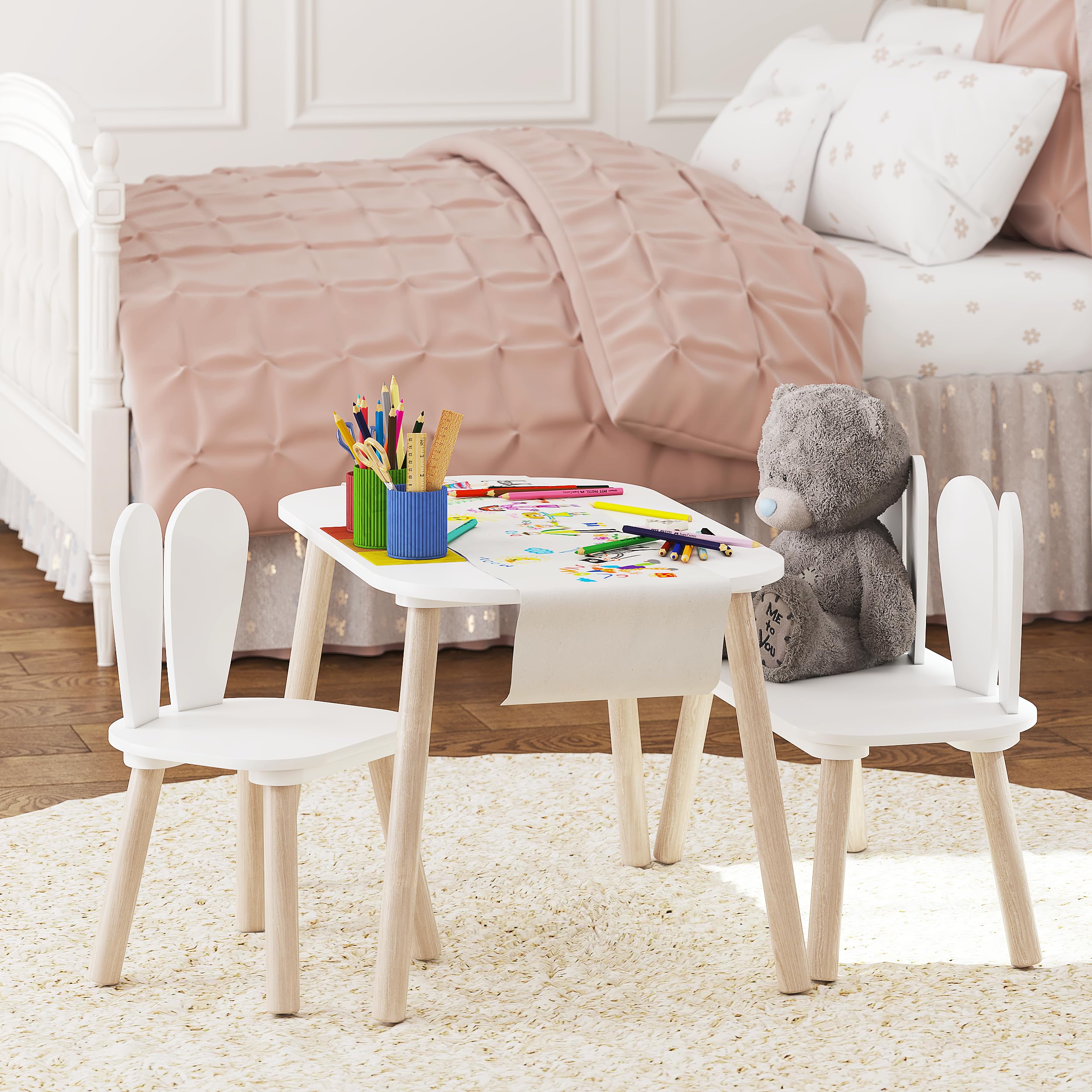 UTEX Kids Table and Chair Set, Toddler Table with Bunny Chair and Bench, 3 Pieces Wooden Children Table for Kids Room, Classroom, Nursery, White - Image 5