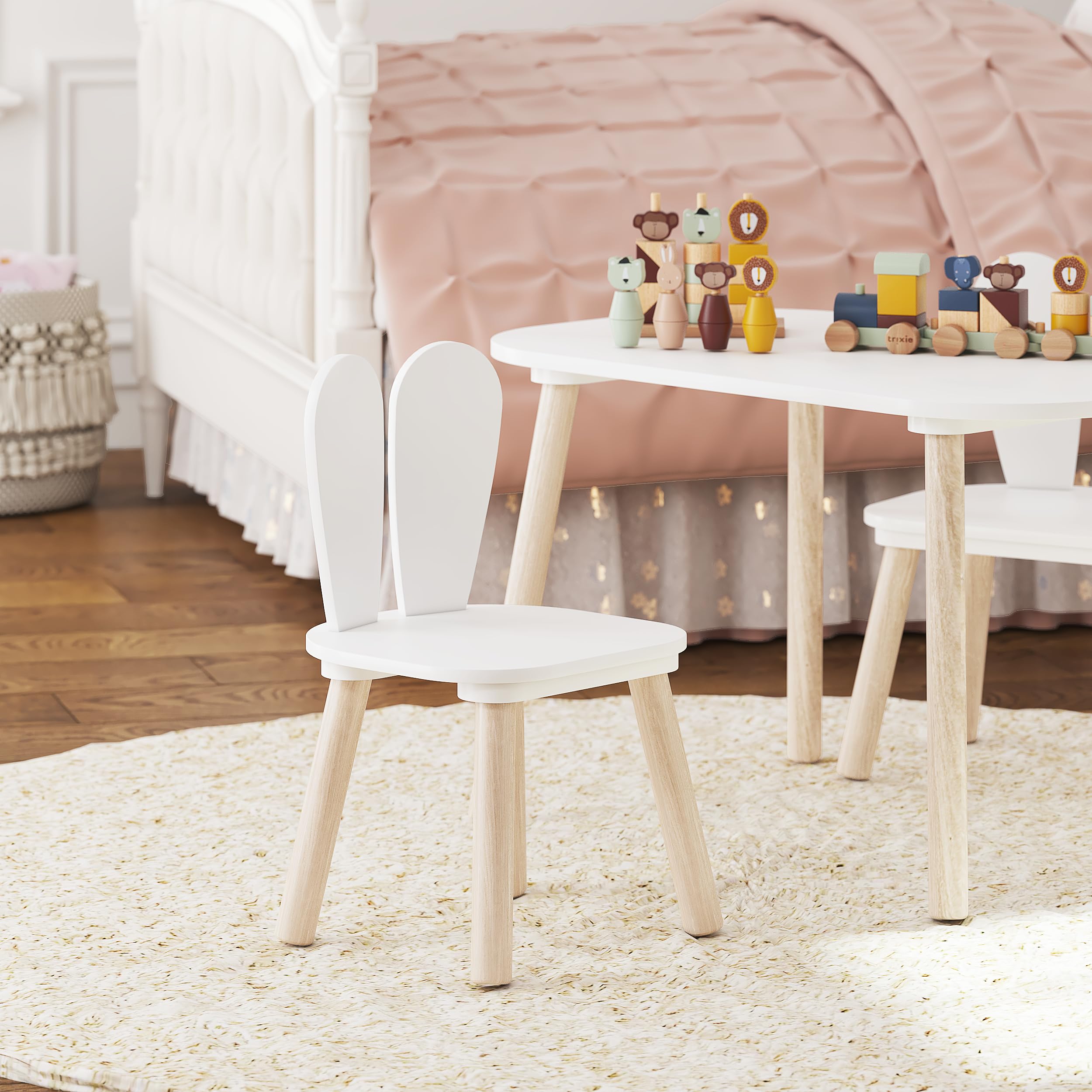 UTEX Kids Table and Chair Set, Toddler Table with Bunny Chair and Bench, 3 Pieces Wooden Children Table for Kids Room, Classroom, Nursery, White - Image 6