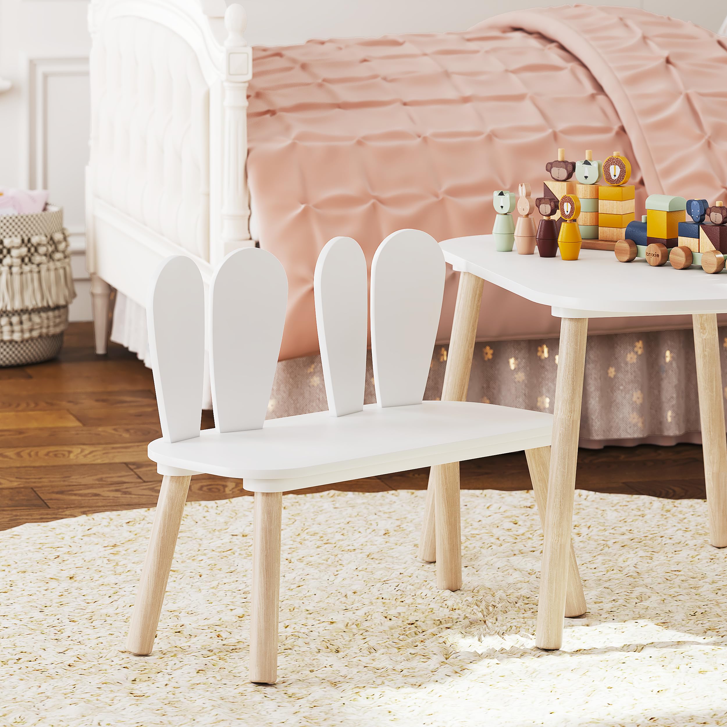 UTEX Kids Table and Chair Set, Toddler Table with Bunny Chair and Bench, 3 Pieces Wooden Children Table for Kids Room, Classroom, Nursery, White - Image 7