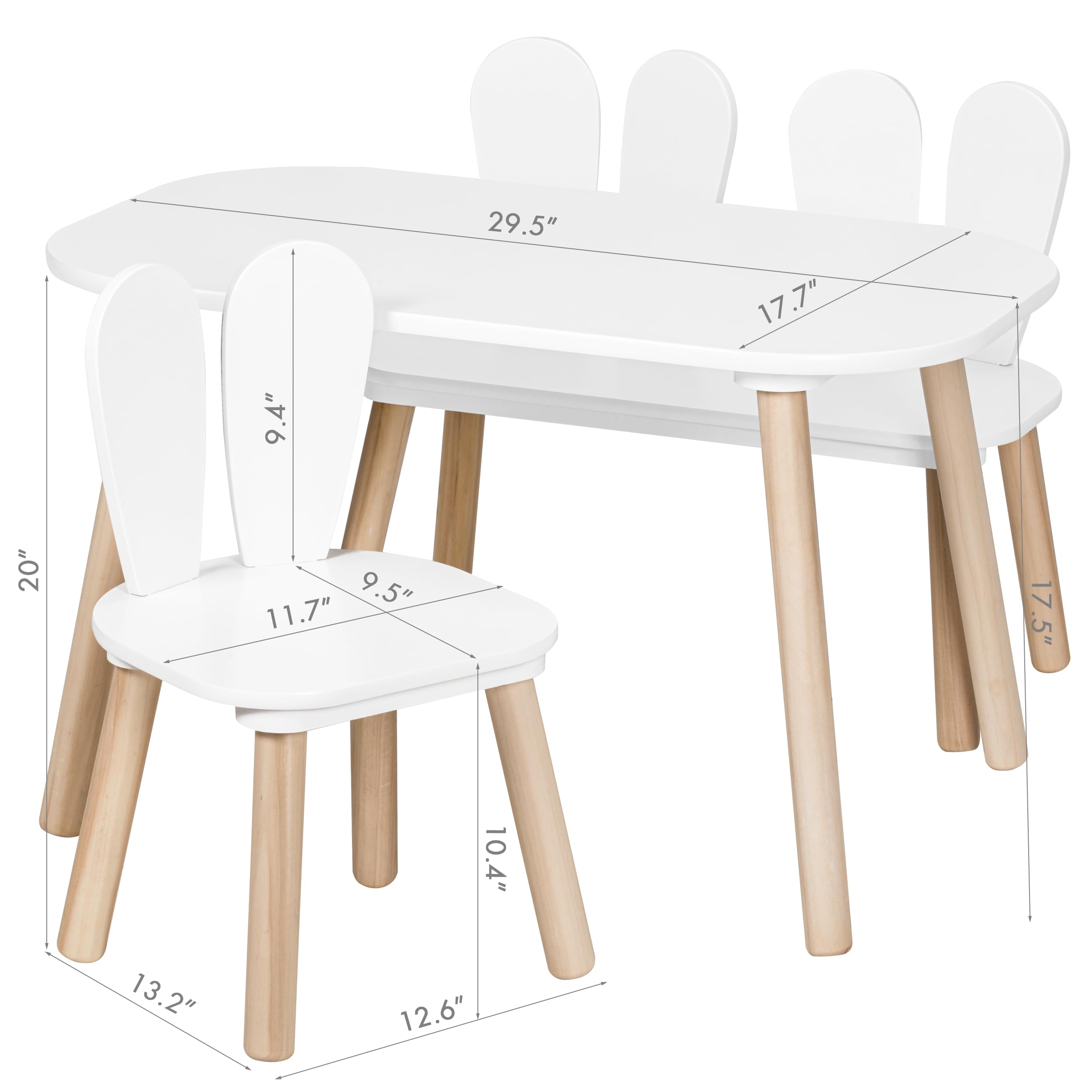 UTEX Kids Table and Chair Set, Toddler Table with Bunny Chair and Bench, 3 Pieces Wooden Children Table for Kids Room, Classroom, Nursery, White - Image 8