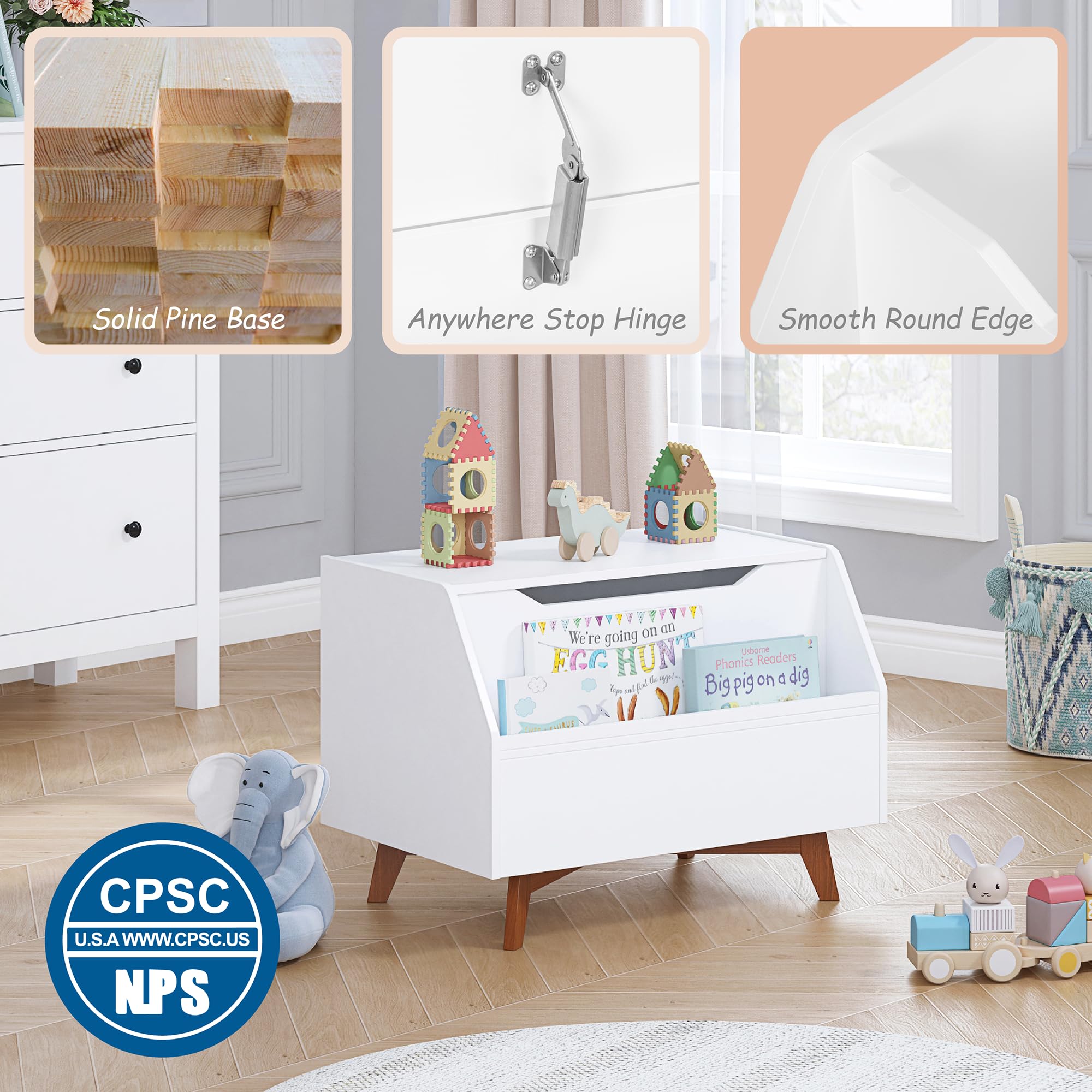 UTEX Kids Toy Box, Wooden Toy Chest, Kids Storage Organizer Bench with Front Book Storage Area for Boys and Girls, Children's Furniture, White - Image 3