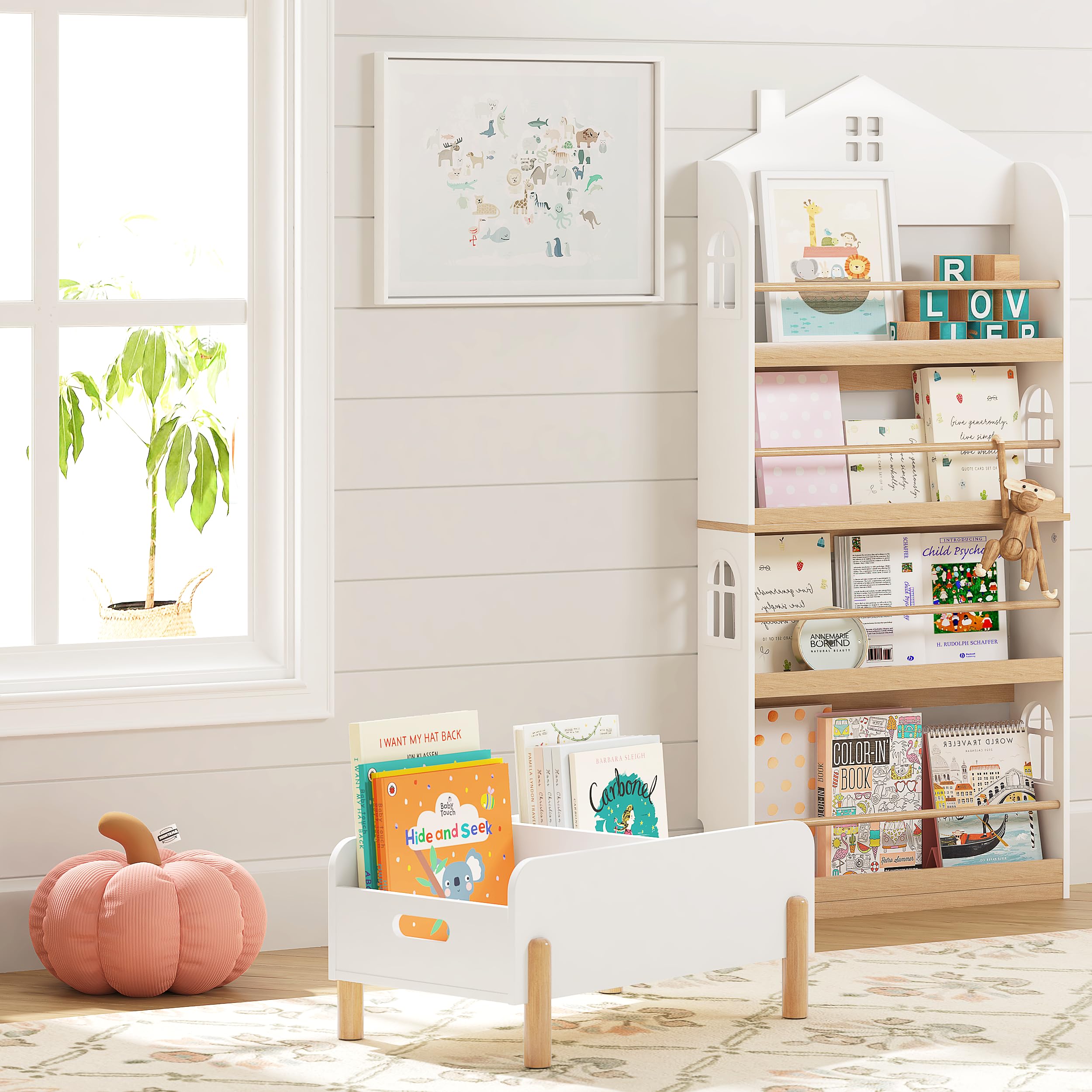 UTEX Montessori Bookshelf for Kids, Wooden Book Shelf for Kids Rooms, Toddler Book Caddy with Adjustable Divider, Floor Book Display, Baby Book Rack for Classroom Nursery - Image 3