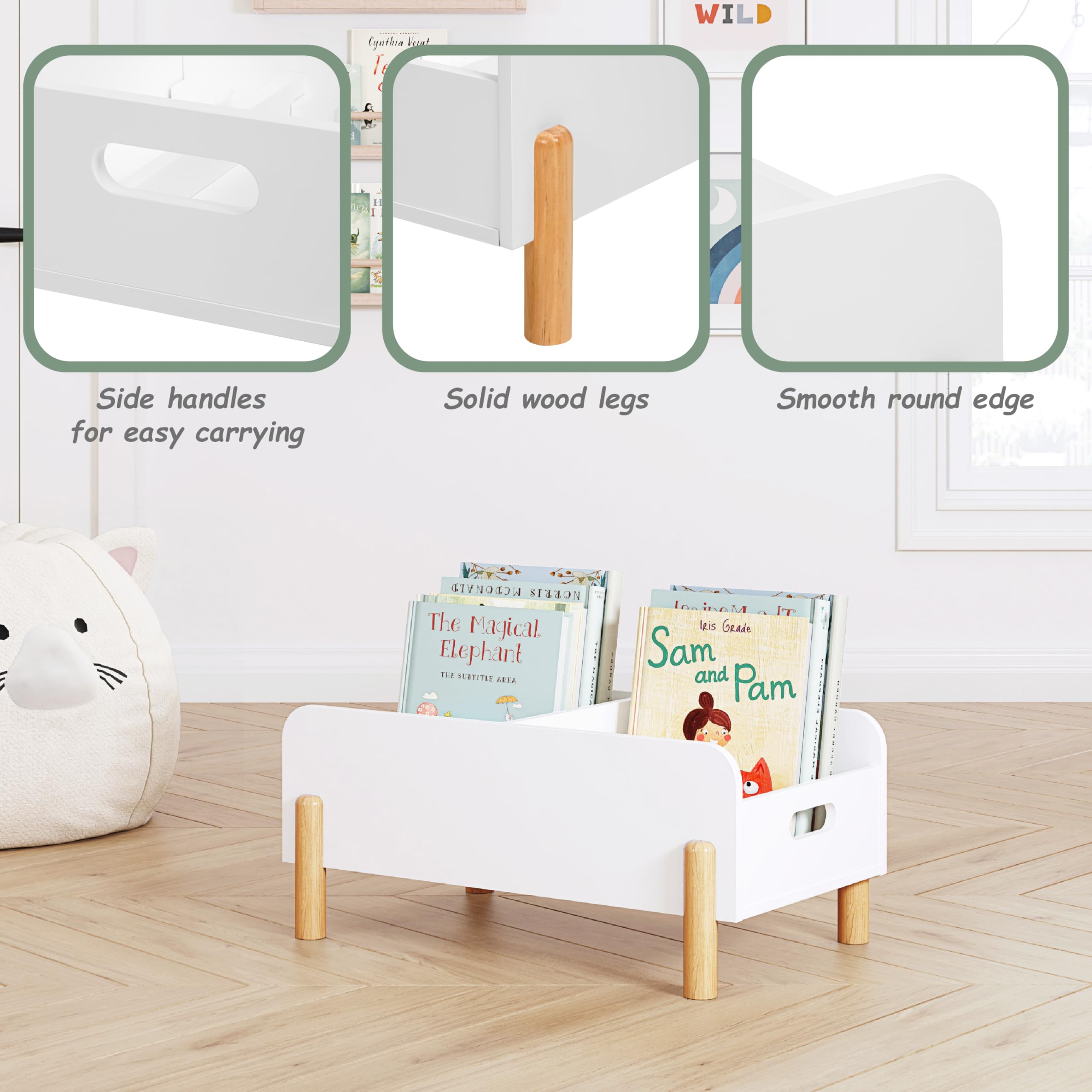 UTEX Montessori Bookshelf for Kids, Wooden Book Shelf for Kids Rooms, Toddler Book Caddy with Adjustable Divider, Floor Book Display, Baby Book Rack for Classroom Nursery - Image 5