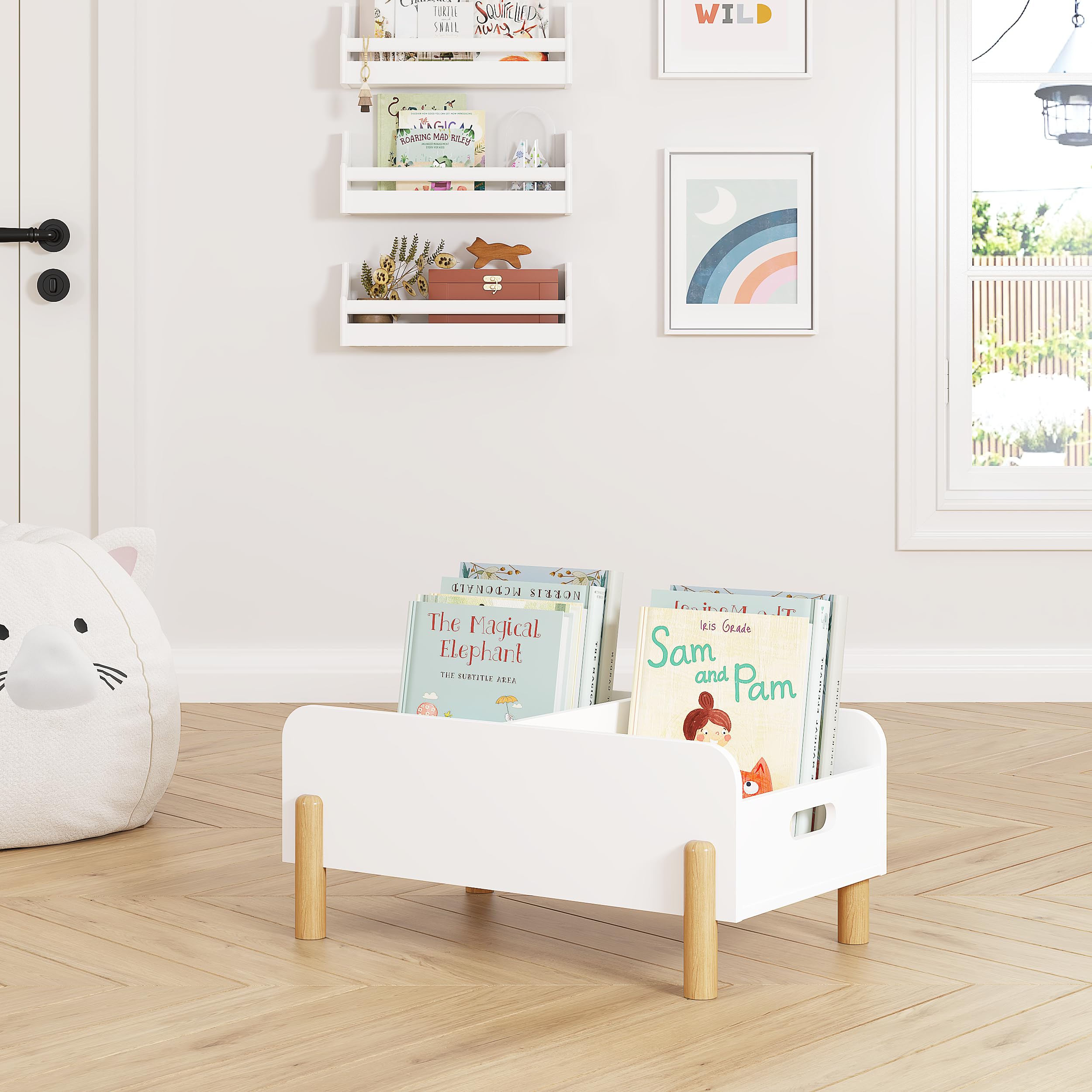 UTEX Montessori Bookshelf for Kids, Wooden Book Shelf for Kids Rooms, Toddler Book Caddy with Adjustable Divider, Floor Book Display, Baby Book Rack for Classroom Nursery - Image 7