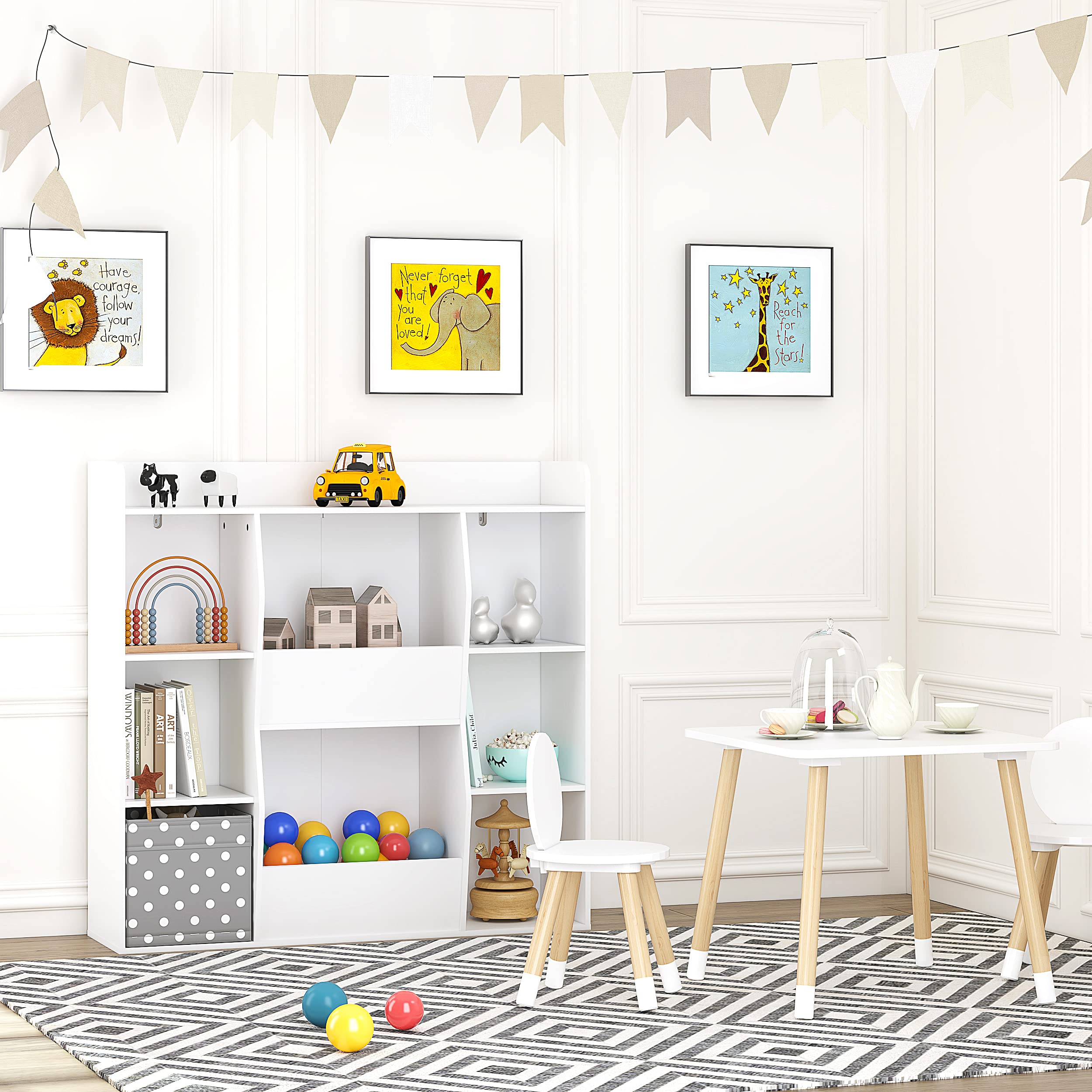 UTEX Multifunctional Bookcase with 8 Cubbies and Bins, Open Bookshelf Organizer Display Stand, Large Toy Storage Cabinet for Kids Room, Classroom, Nursery, White - Image 5