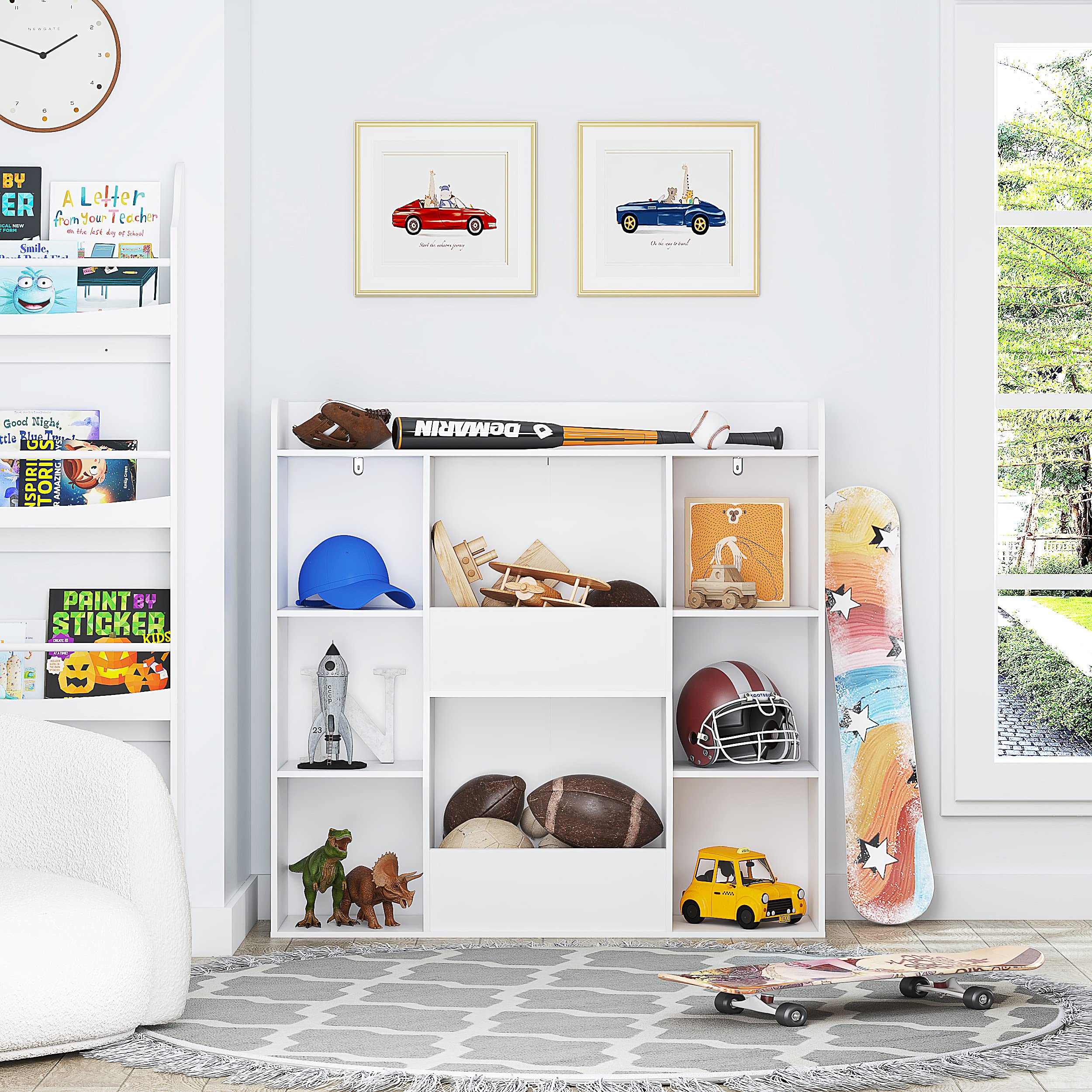 UTEX Multifunctional Bookcase with 8 Cubbies and Bins, Open Bookshelf Organizer Display Stand, Large Toy Storage Cabinet for Kids Room, Classroom, Nursery, White - Image 6
