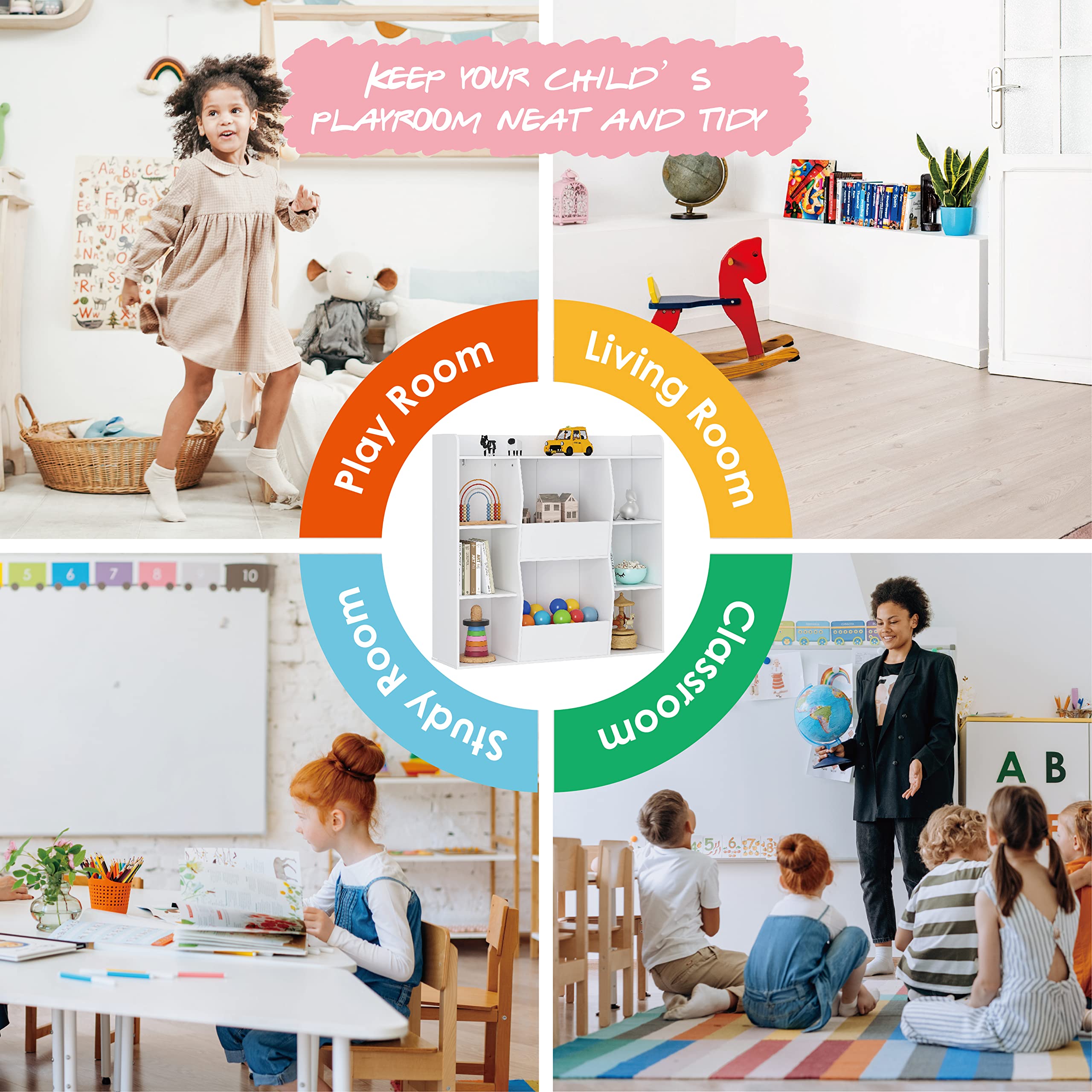 UTEX Multifunctional Bookcase with 8 Cubbies and Bins, Open Bookshelf Organizer Display Stand, Large Toy Storage Cabinet for Kids Room, Classroom, Nursery, White - Image 7