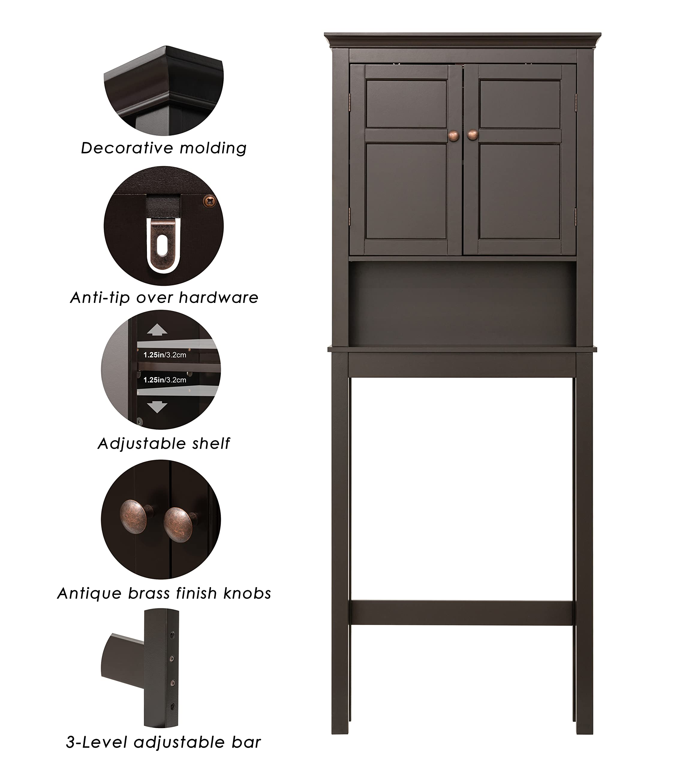UTEX Over The Toilet Storage Cabinet, Over Toilet Bathroom Organizer with Adjustable Shelves, Above Toilet Storage Cabinet Space Saver, Espresso - Image 3