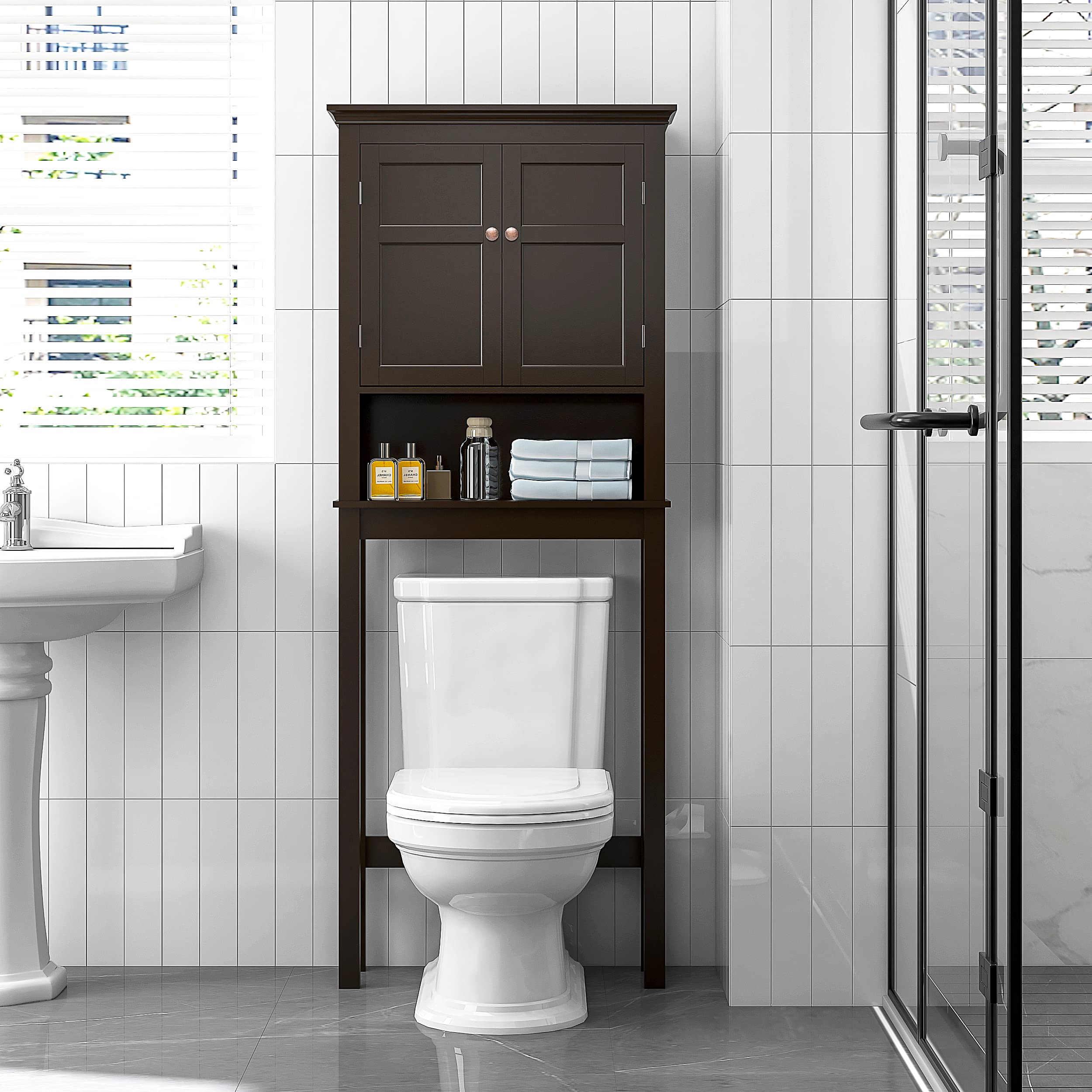 UTEX Over The Toilet Storage Cabinet, Over Toilet Bathroom Organizer with Adjustable Shelves, Above Toilet Storage Cabinet Space Saver, Espresso - Image 6