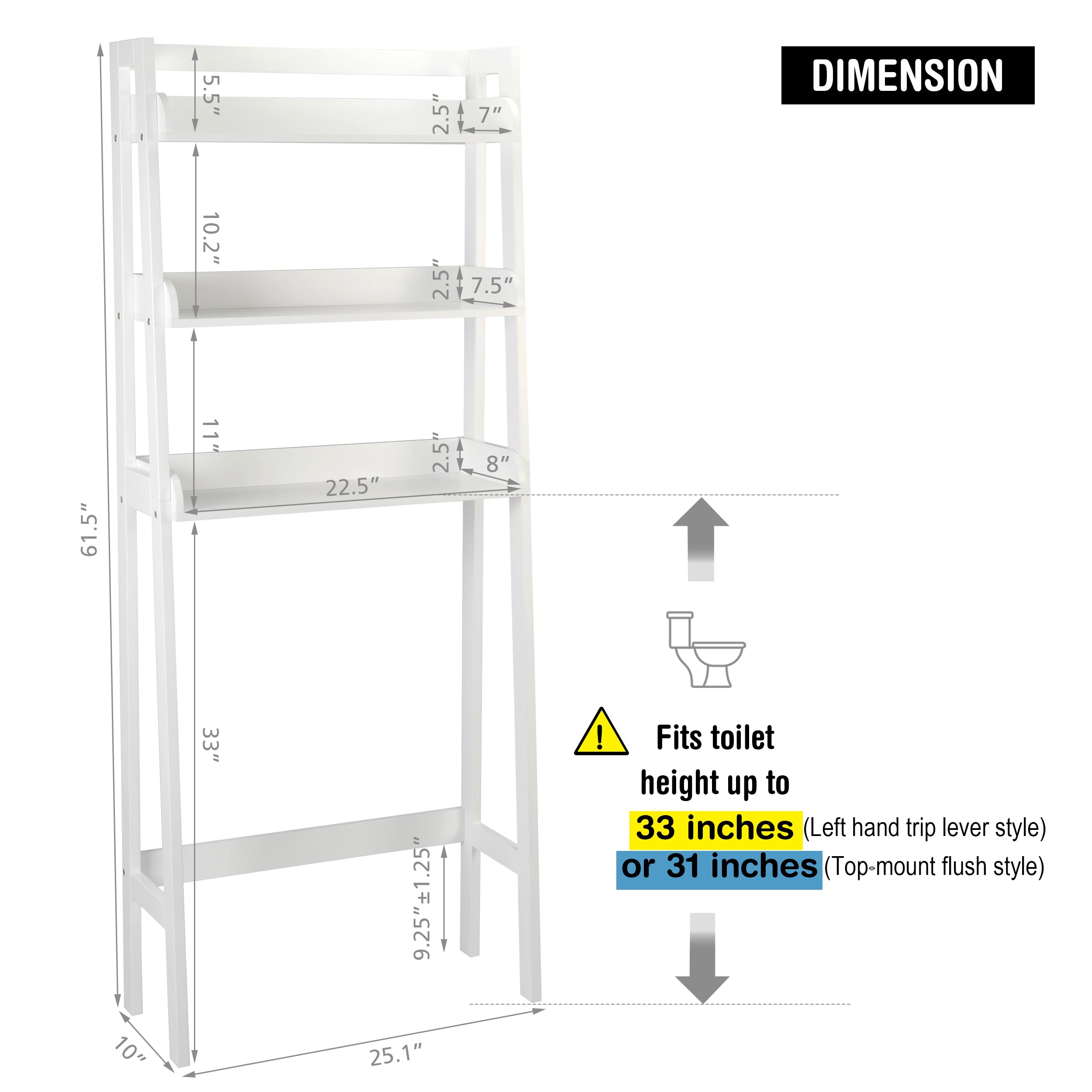 UTEX Over The Toilet Storage Shelf, 3-Tier Over Toilet Bathroom Organizer, Above Toilet Shelves Rack (White) - Image 3