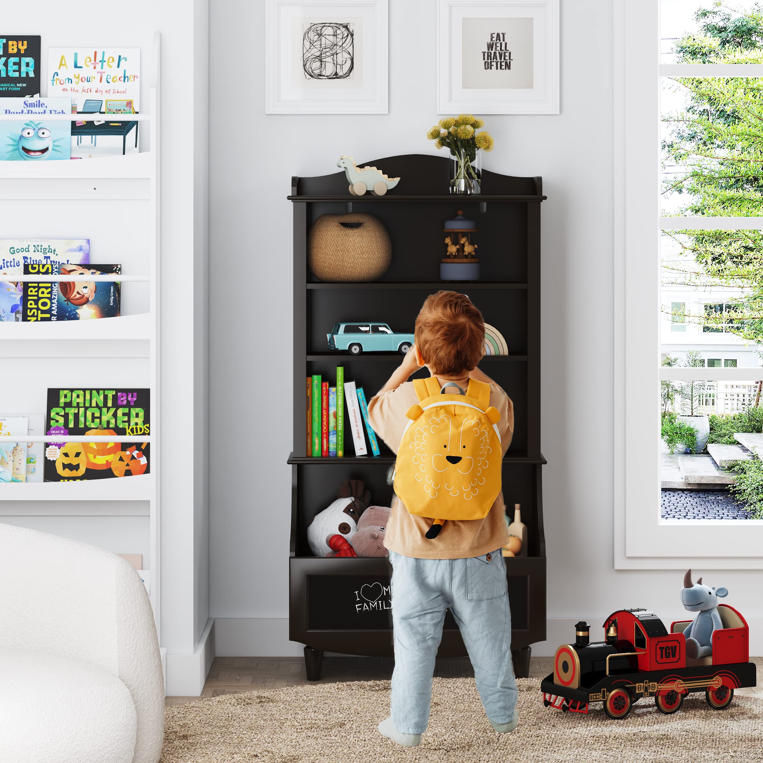 UTEX Toy Storage, Kids Bookshelf and Toy Organizer Cabinet, Kids Bookcase with Blackboard and Cubbies, Open Bookshelves Display Stand for Toddlers, Espresso - Image 6