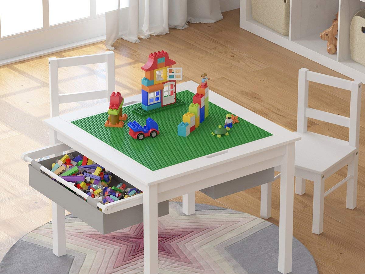UTEX Wooden 2 in 1 Kids Construction Activity Table and 2 Chairs Set with Storage Drawers, and Built in Plate Compatible with Lego and Duplo Bricks (White with Grey Drawers) - Image 3