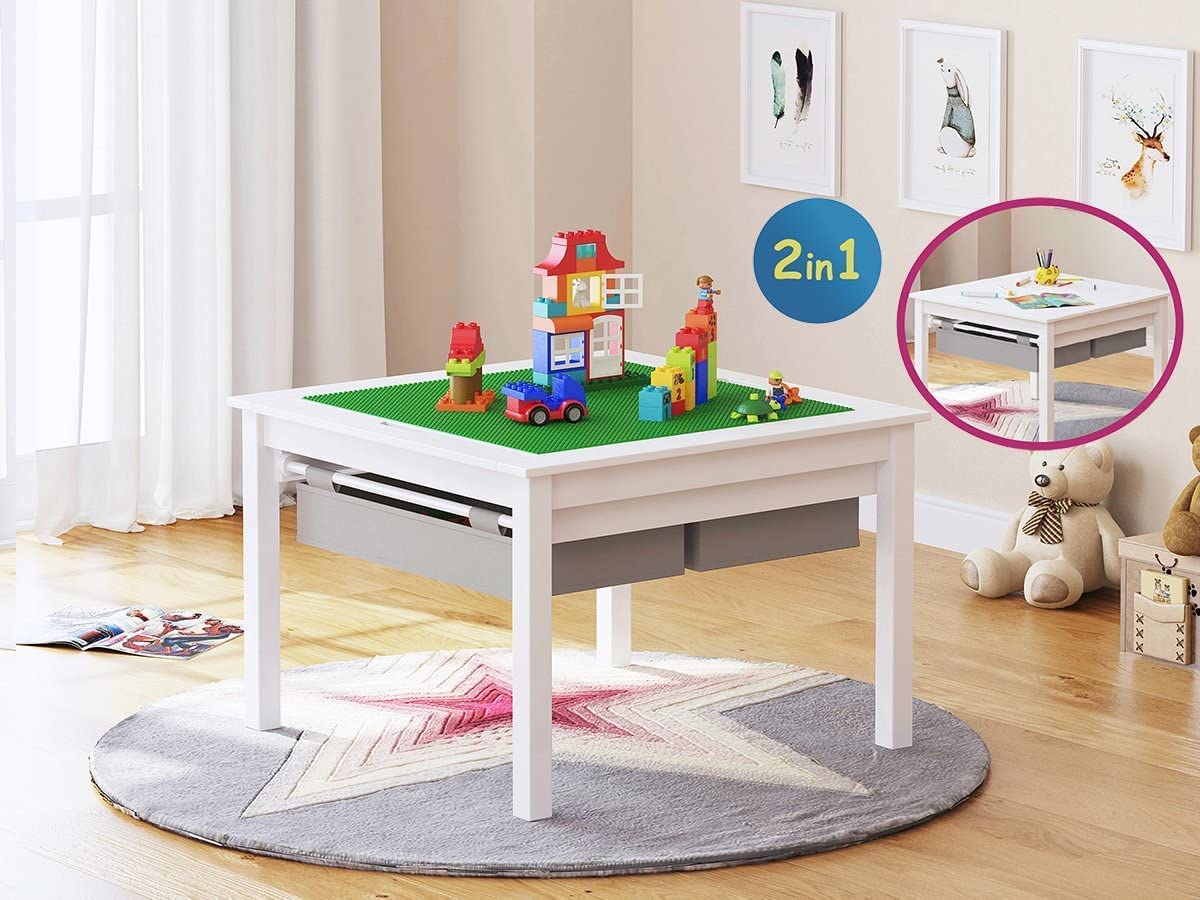 UTEX Wooden 2 in 1 Kids Construction Activity Table and 2 Chairs Set with Storage Drawers, and Built in Plate Compatible with Lego and Duplo Bricks (White with Grey Drawers) - Image 4