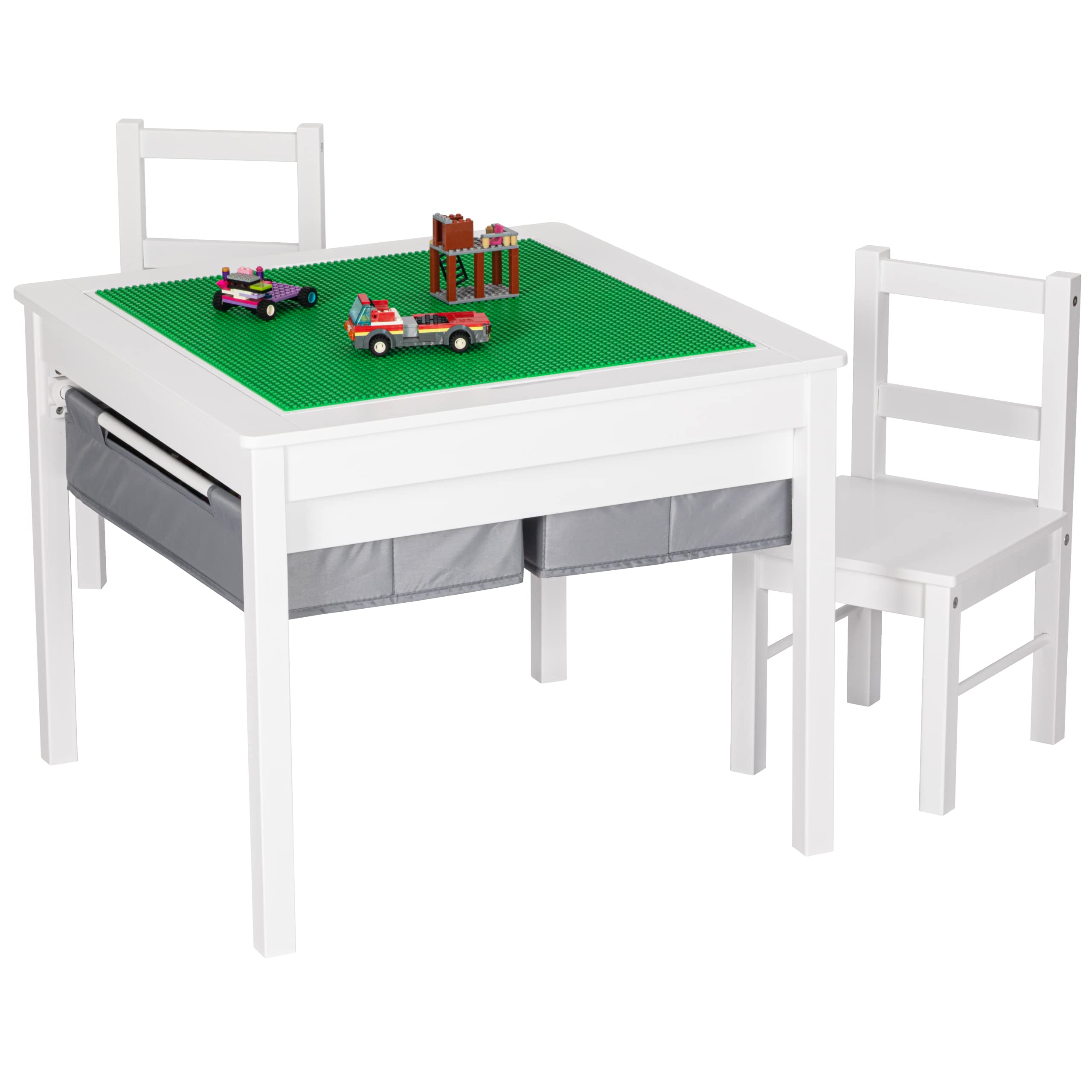 UTEX Wooden 2 in 1 Kids Construction Activity Table and 2 Chairs Set with Storage Drawers, and Built in Plate Compatible with Lego and Duplo Bricks (White with Grey Drawers) - Image 6