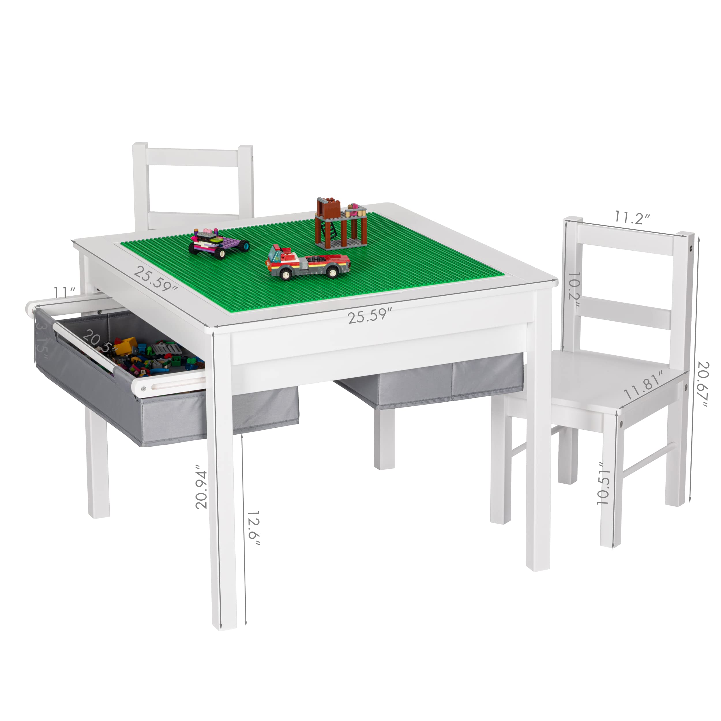 UTEX Wooden 2 in 1 Kids Construction Activity Table and 2 Chairs Set with Storage Drawers, and Built in Plate Compatible with Lego and Duplo Bricks (White with Grey Drawers) - Image 7